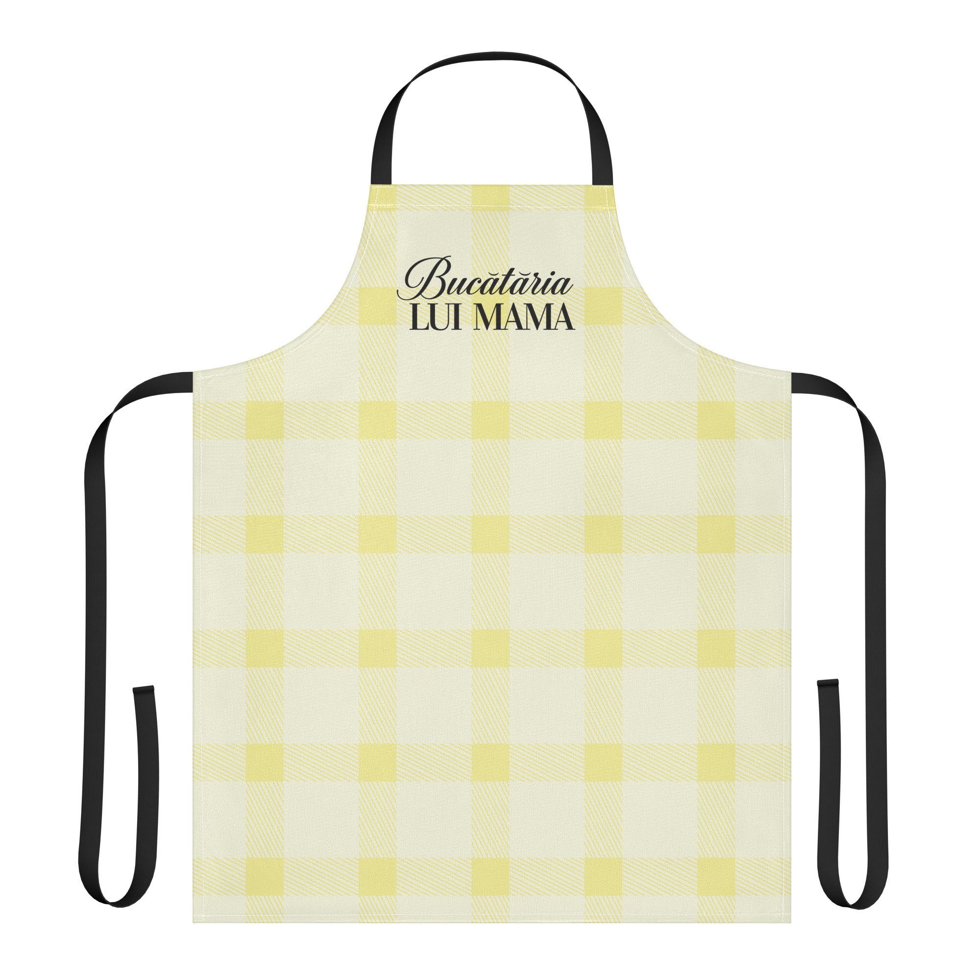 Yellow gingham apron with the phrase “Bucătăria Mamei” printed at the top.