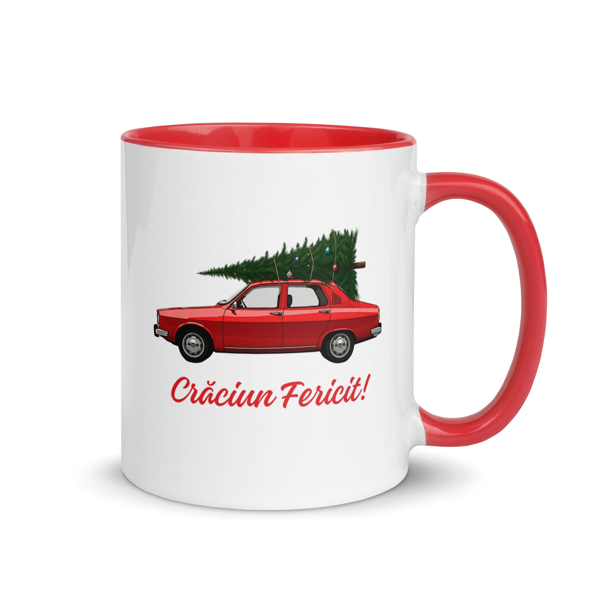 Romanian Christmas mug with Dacia car carrying a Christmas tree and text Crăciun Fericit – Balkanish design