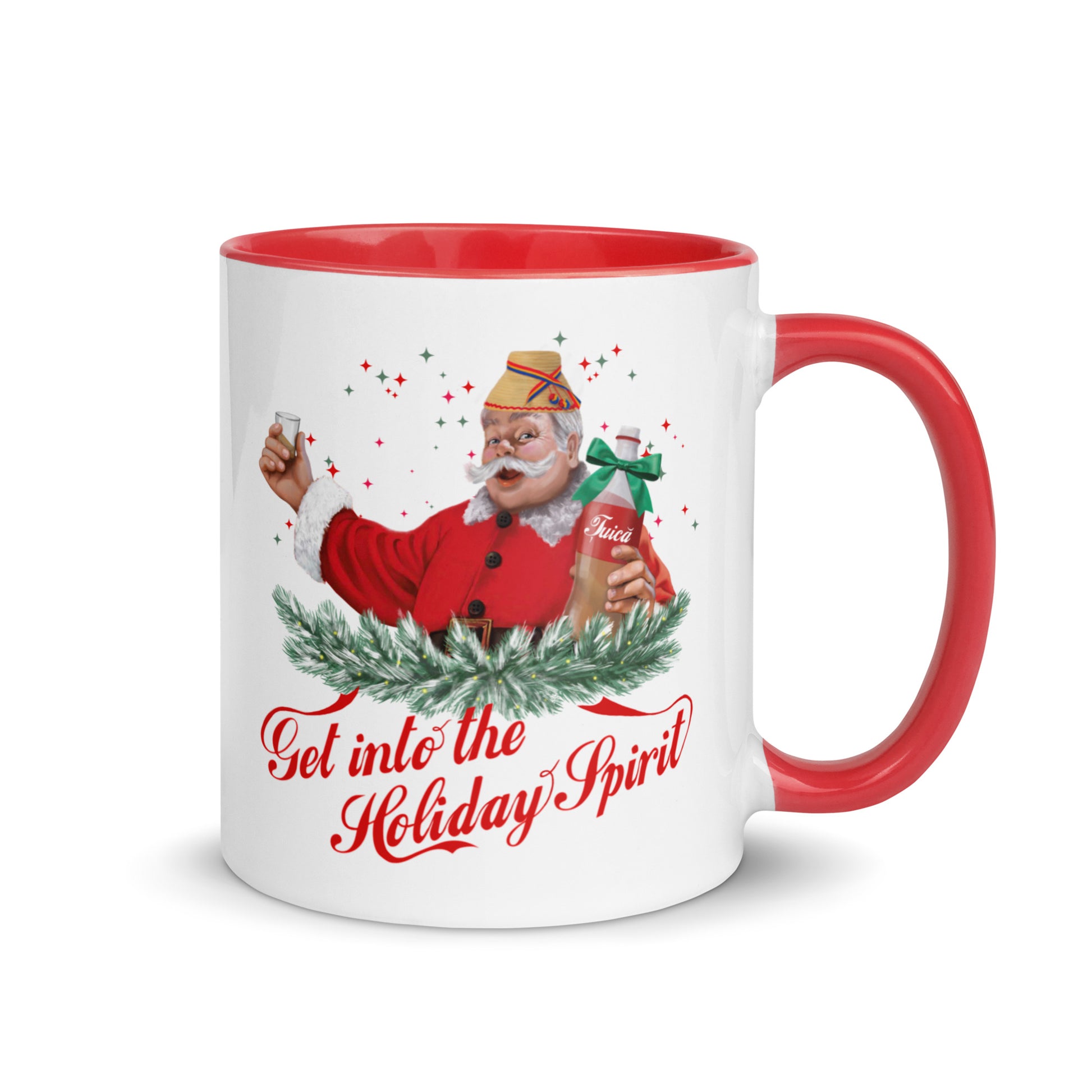Romanian Christmas mug featuring Santa holding a bottle of tuică – Balkanish design