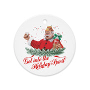Red Christmas ornament featuring Romanian Santa with tuică bottle — funny Balkan gift idea