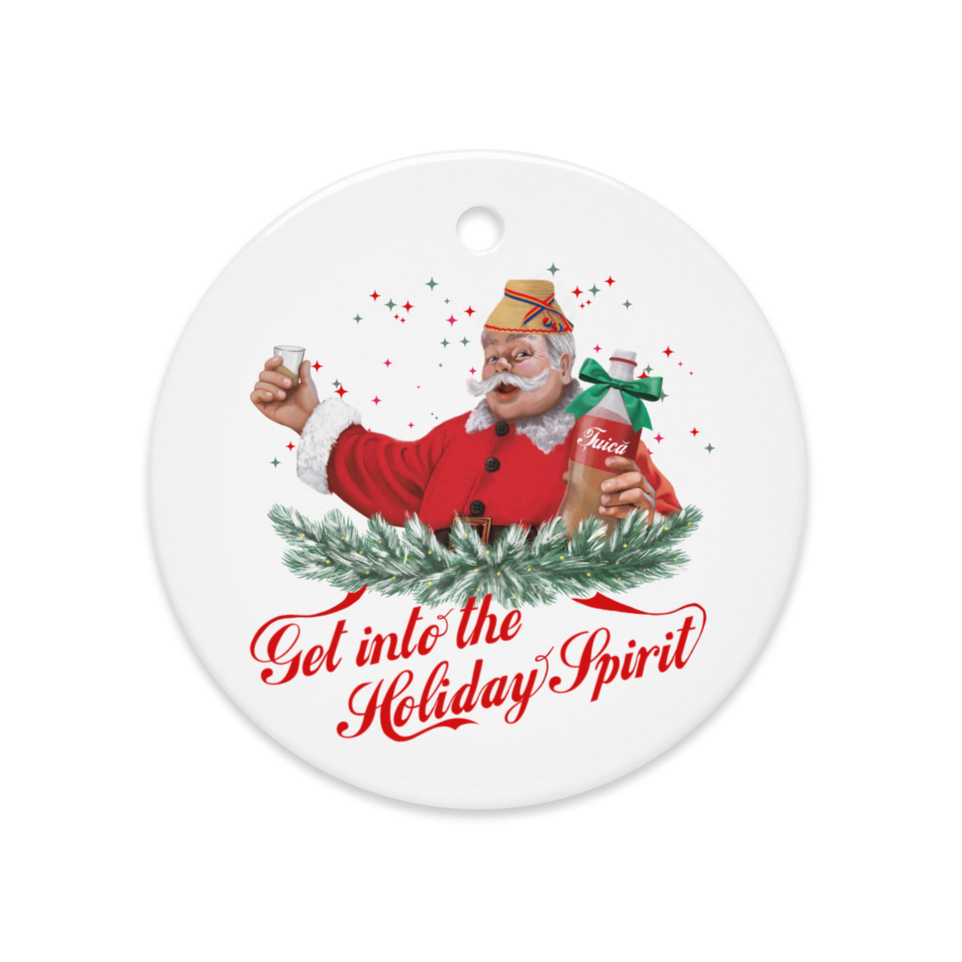Red Christmas ornament featuring Romanian Santa with tuică bottle — funny Balkan gift idea