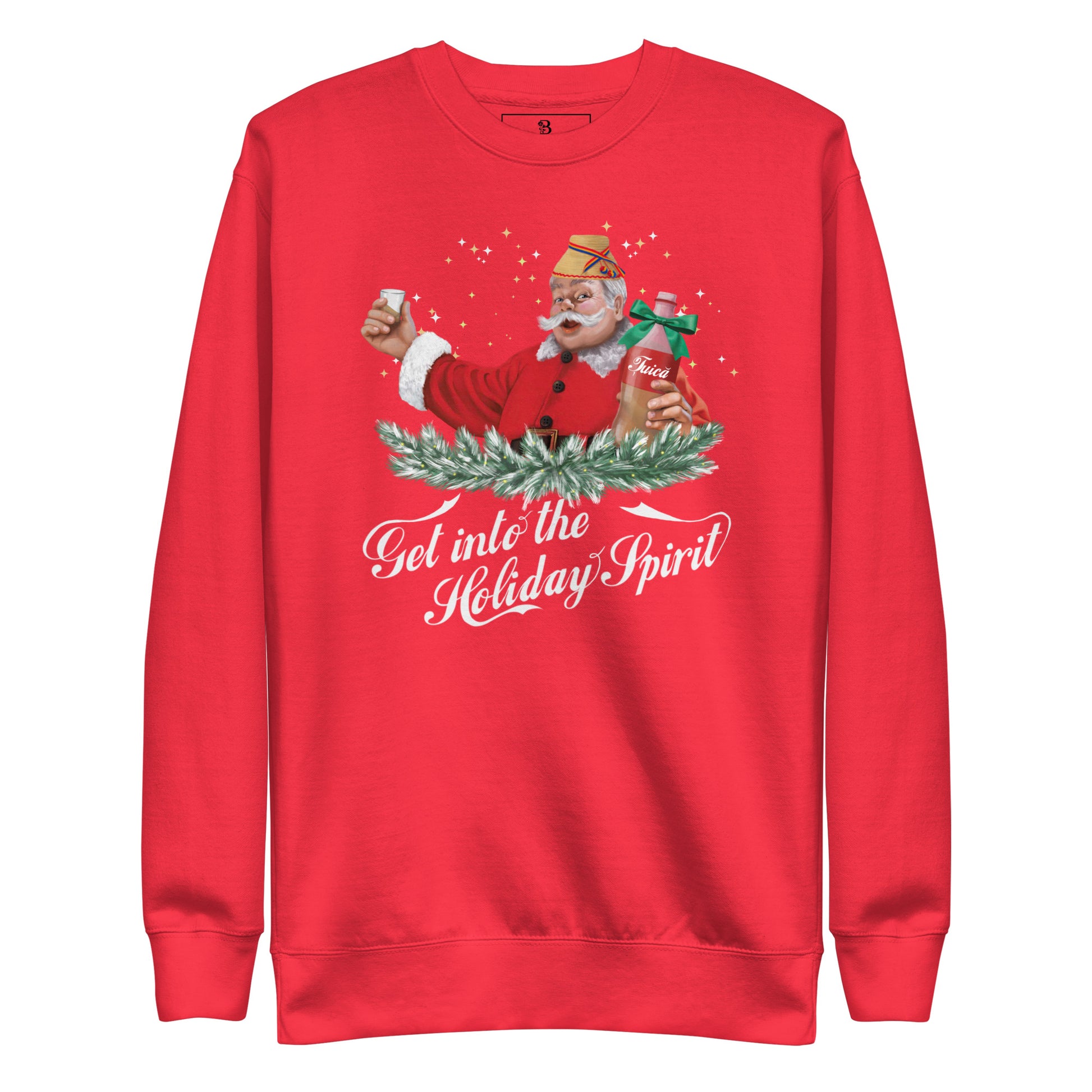 Red Romanian Christmas sweater with Santa holding țuică bottle — funny Balkan Christmas sweatshirt