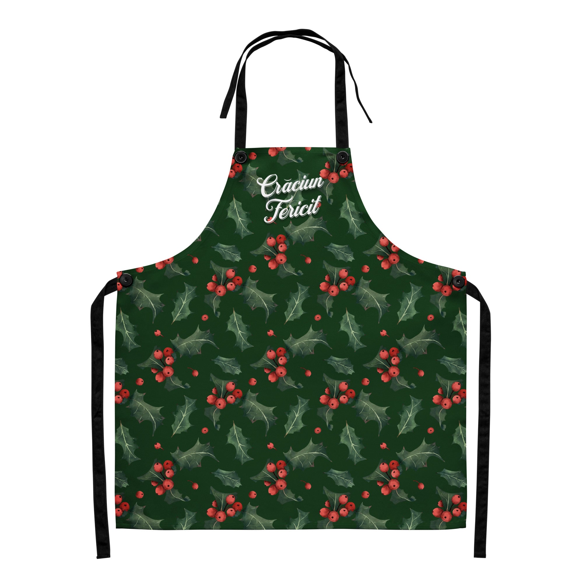 Romanian Christmas apron with “Crăciun Fericit” text and holly pattern.