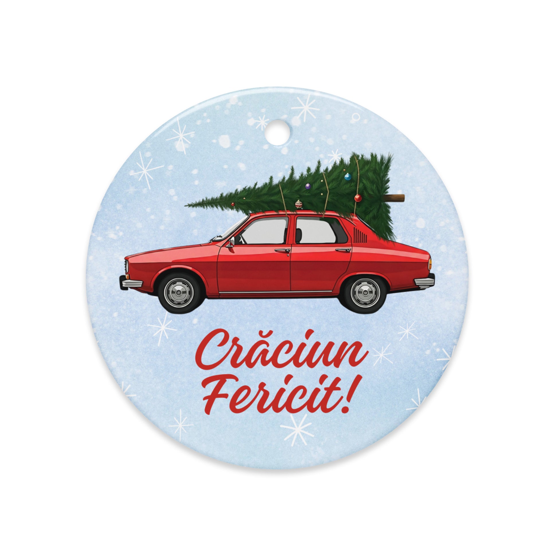 Red Dacia ornament carrying Christmas tree with “Crăciun Fericit” — Romanian Christmas decor