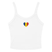 Women’s white crop tank top with a small Romanian flag heart design on the front