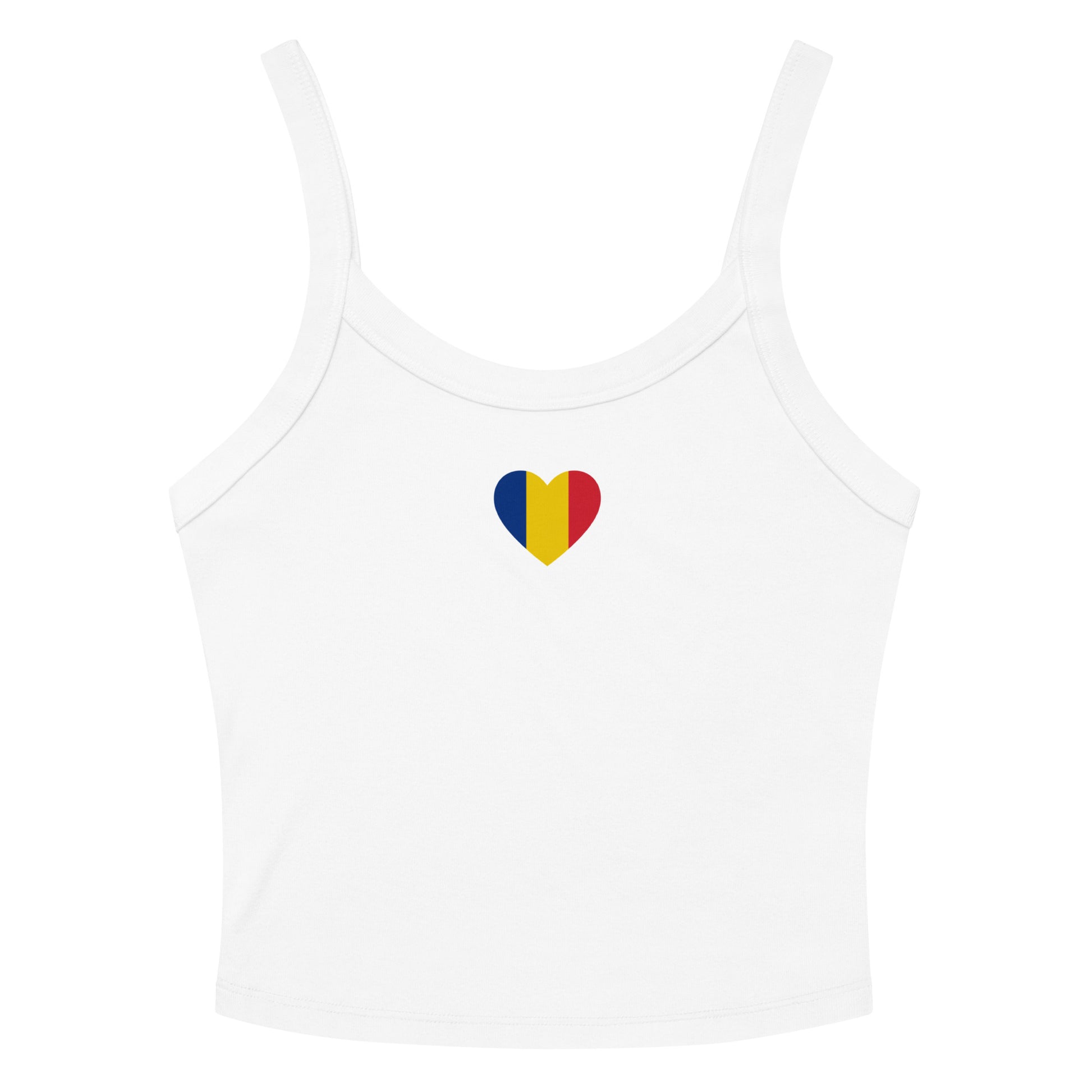 Women’s white crop tank top with a small Romanian flag heart design on the front