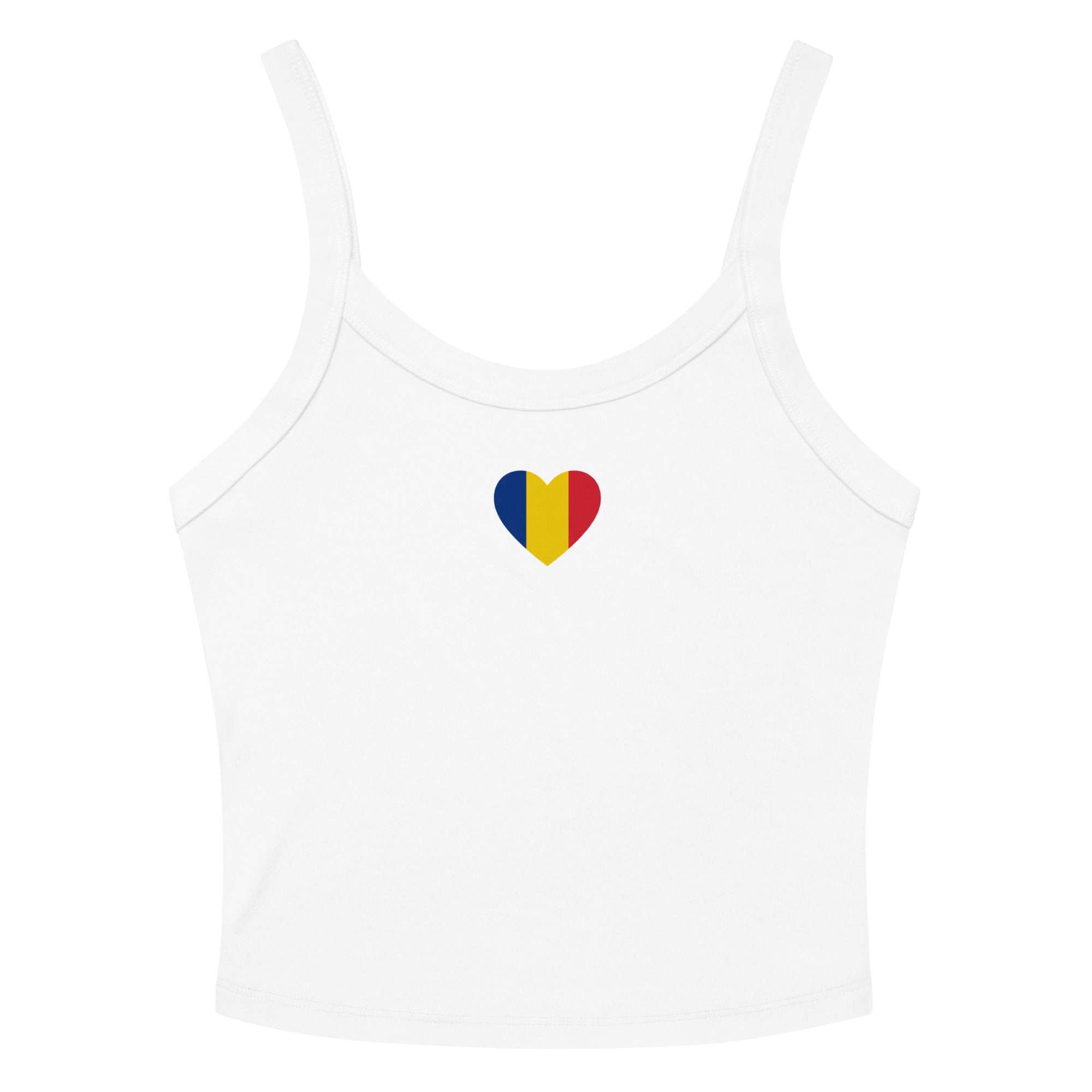 Women’s white crop tank top with a small Romanian flag heart design on the front