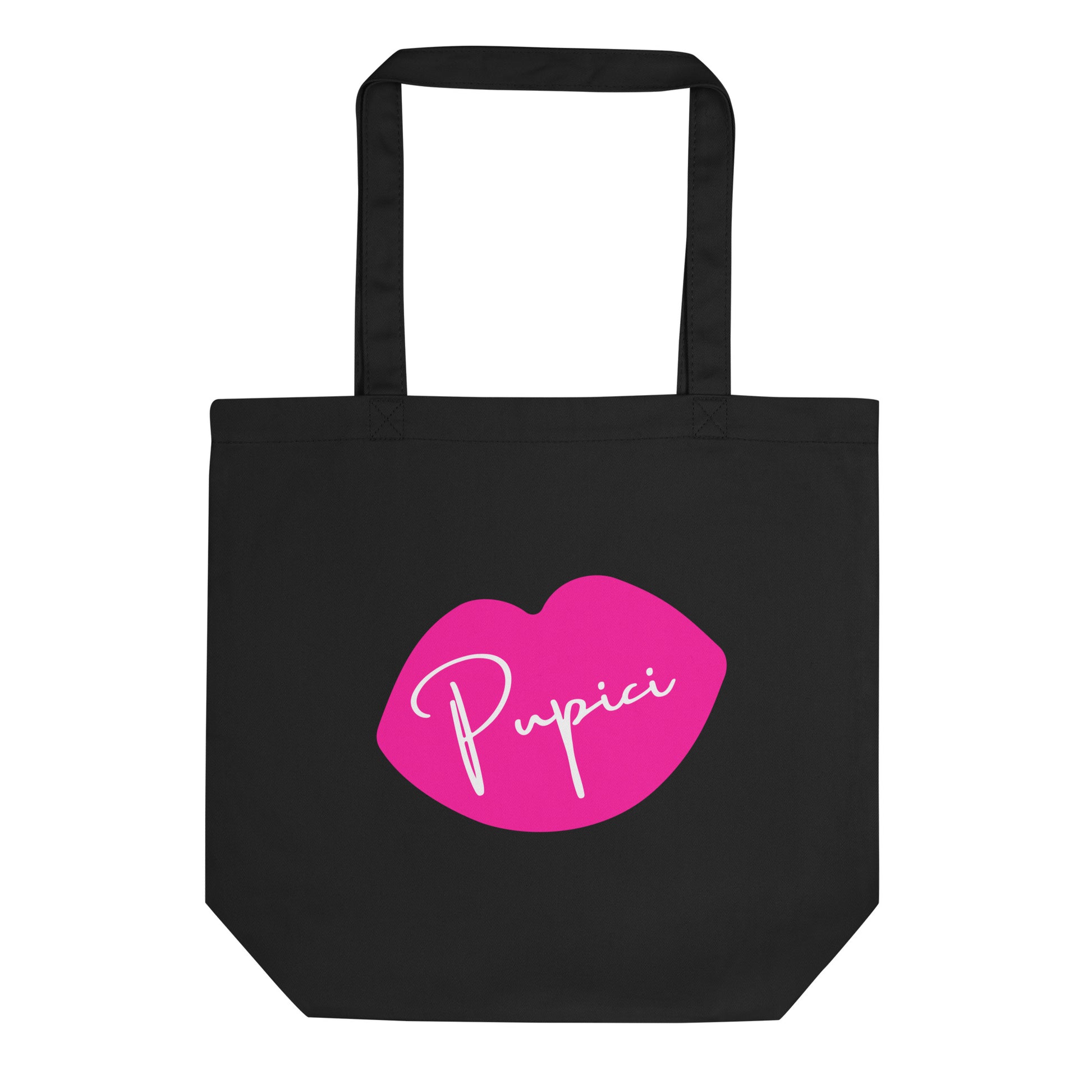 Black tote bag with pink lips graphic and the word “Pupici.”