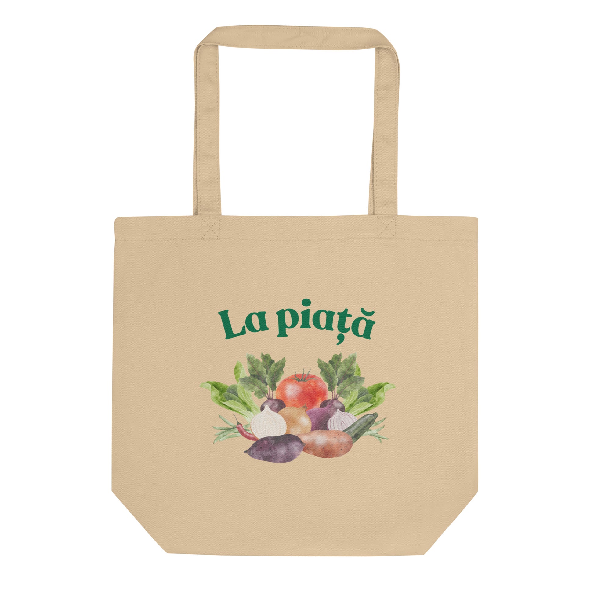 Romanian La Piață market tote bag with illustrated vegetables and green lettering