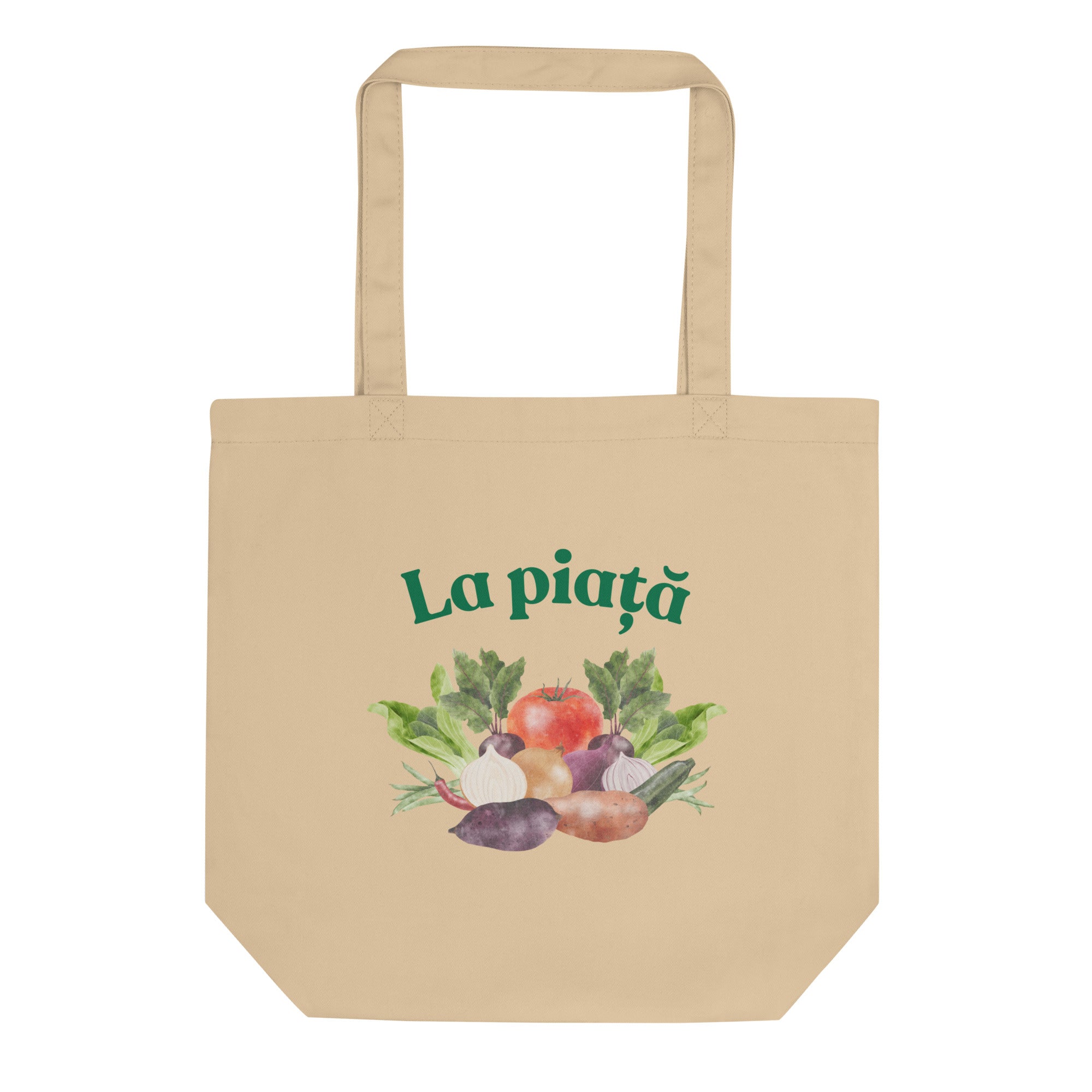 Romanian La Piață market tote bag with illustrated vegetables and green lettering