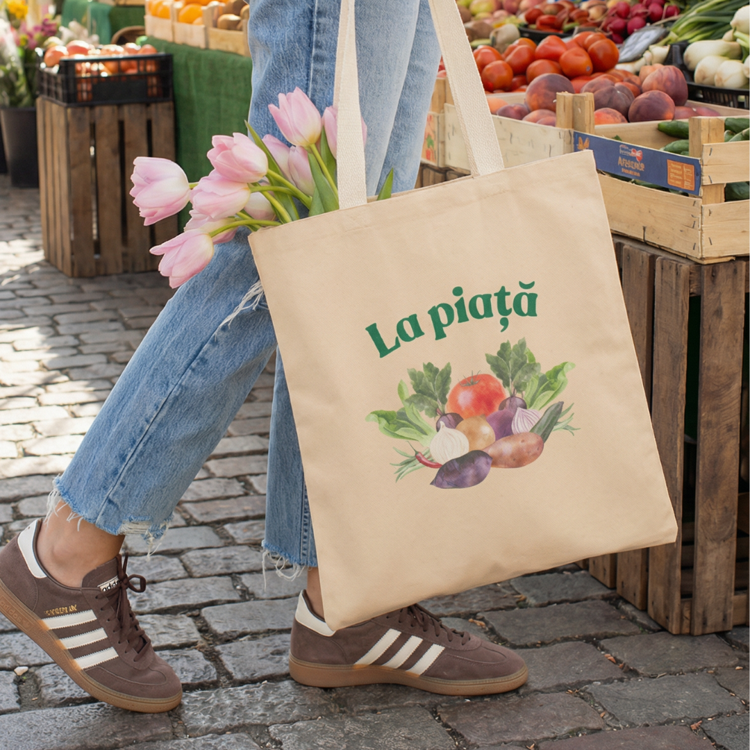Romanian La Piață market tote bag with illustrated vegetables and green lettering