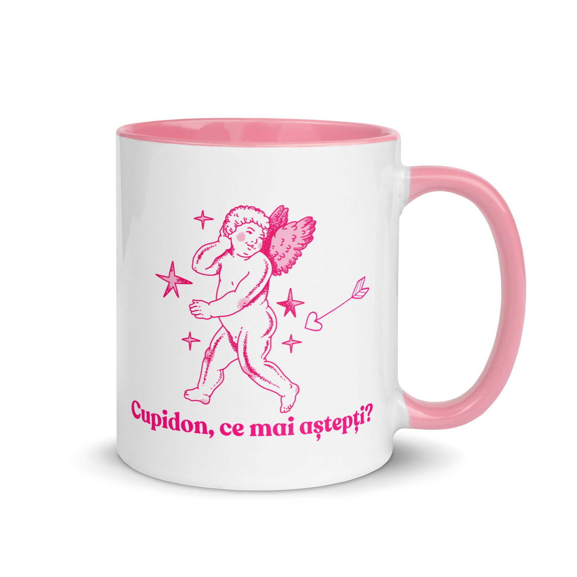 White mug with pink handle and interior featuring a cupid illustration and the Romanian phrase “Cupidon, ce mai aștepți?”