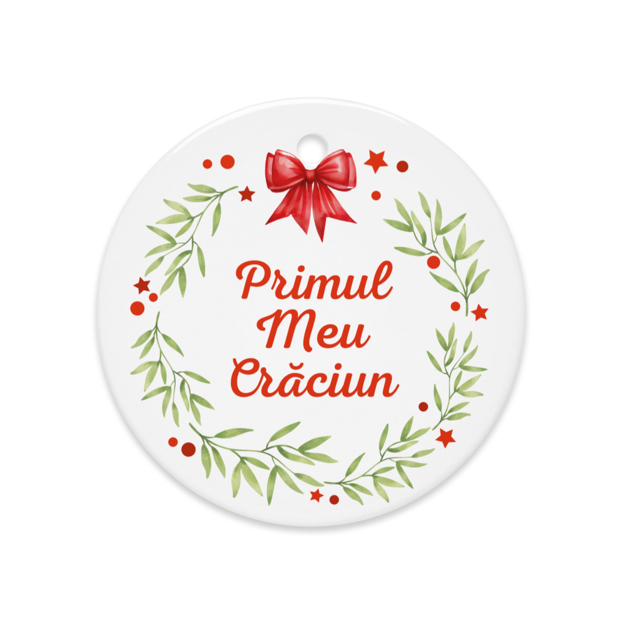 Romanian wreath ornament with red bow and “Primul Meu Crăciun”