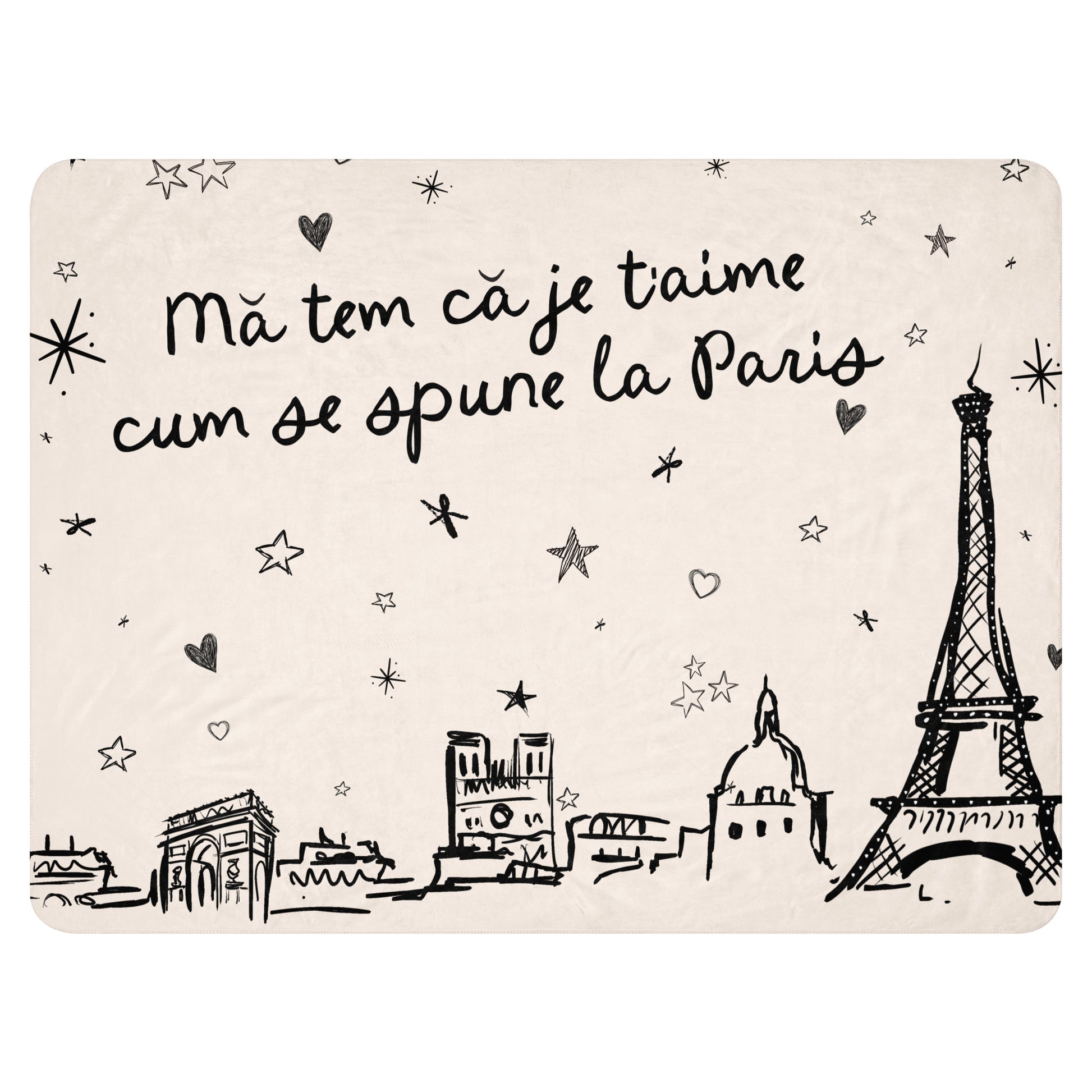 Sherpa blanket featuring a hand-drawn Paris skyline inspired by Romanian love symbolism.