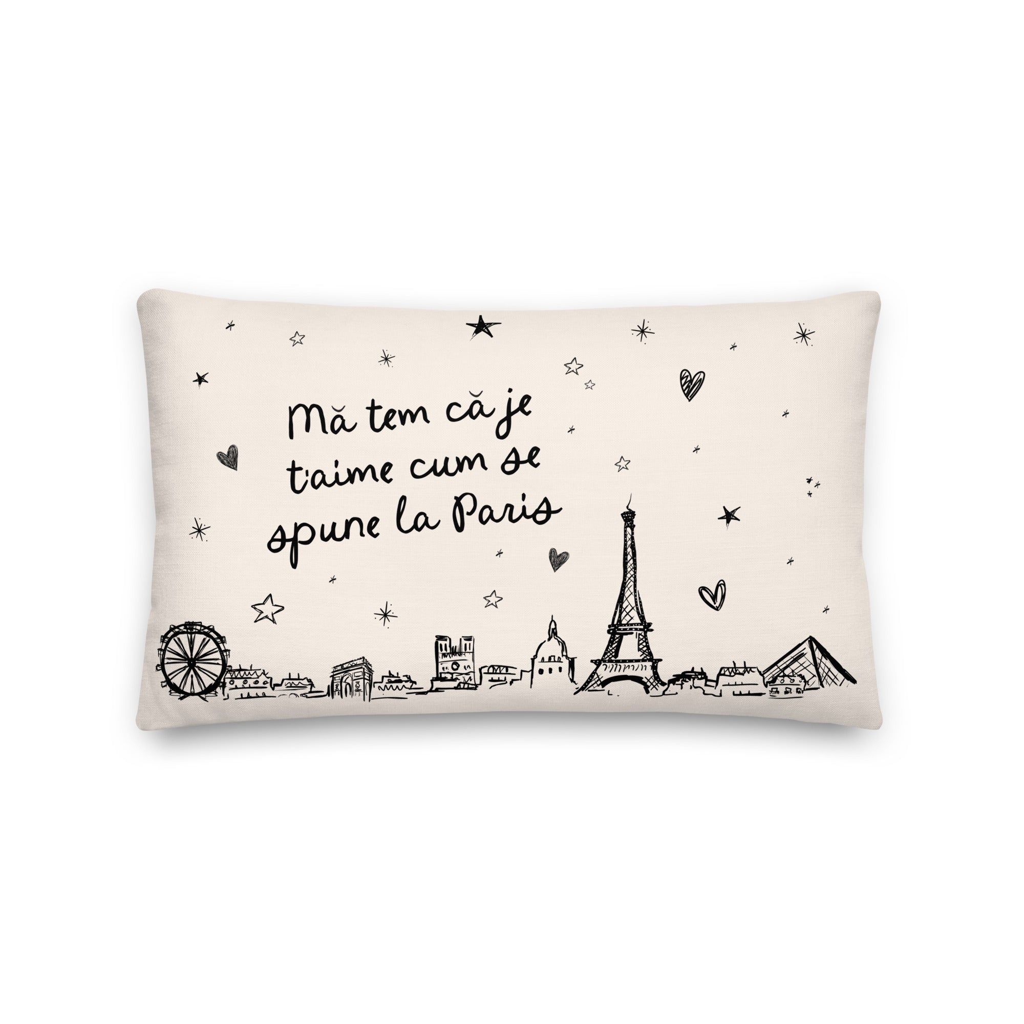 Romanian love pillow with hand drawn Paris skyline and Te iubesc text