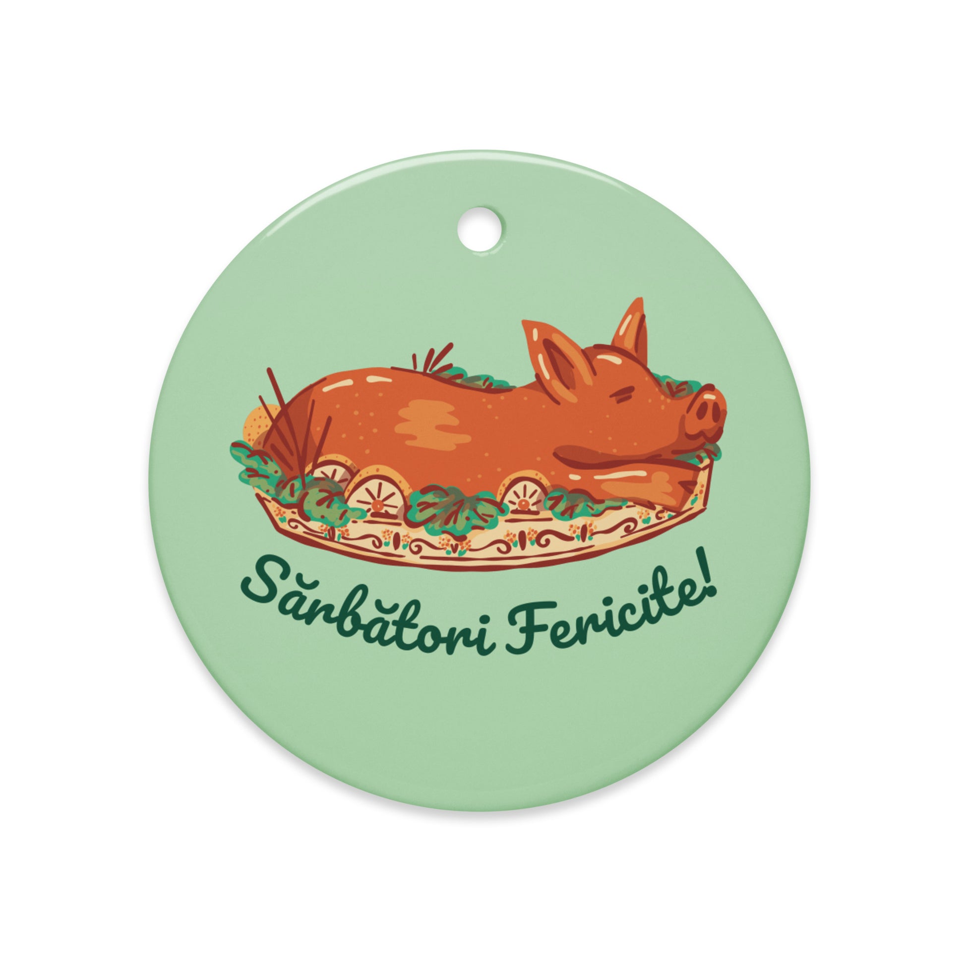 Romanian roasted pig Christmas ornament with “Sărbători Fericite!”