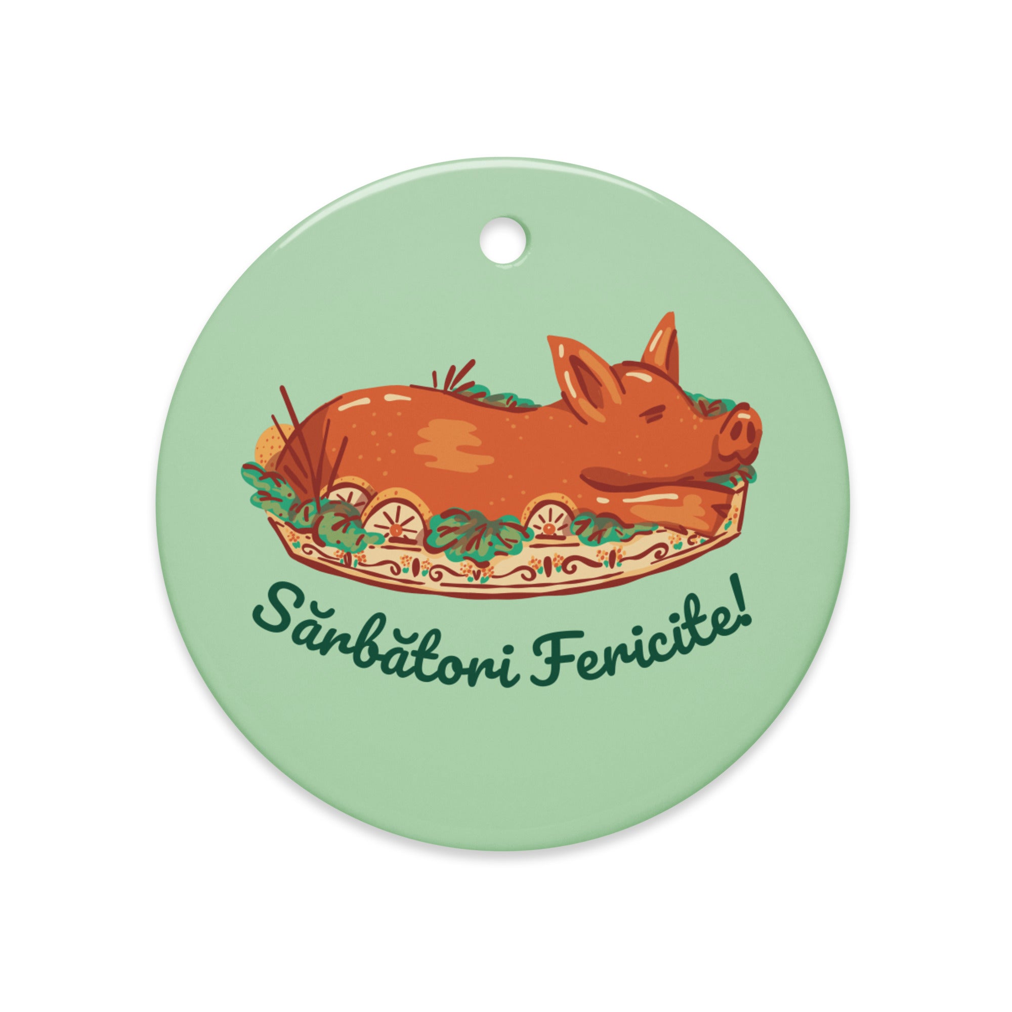 Romanian roasted pig Christmas ornament with “Sărbători Fericite!”