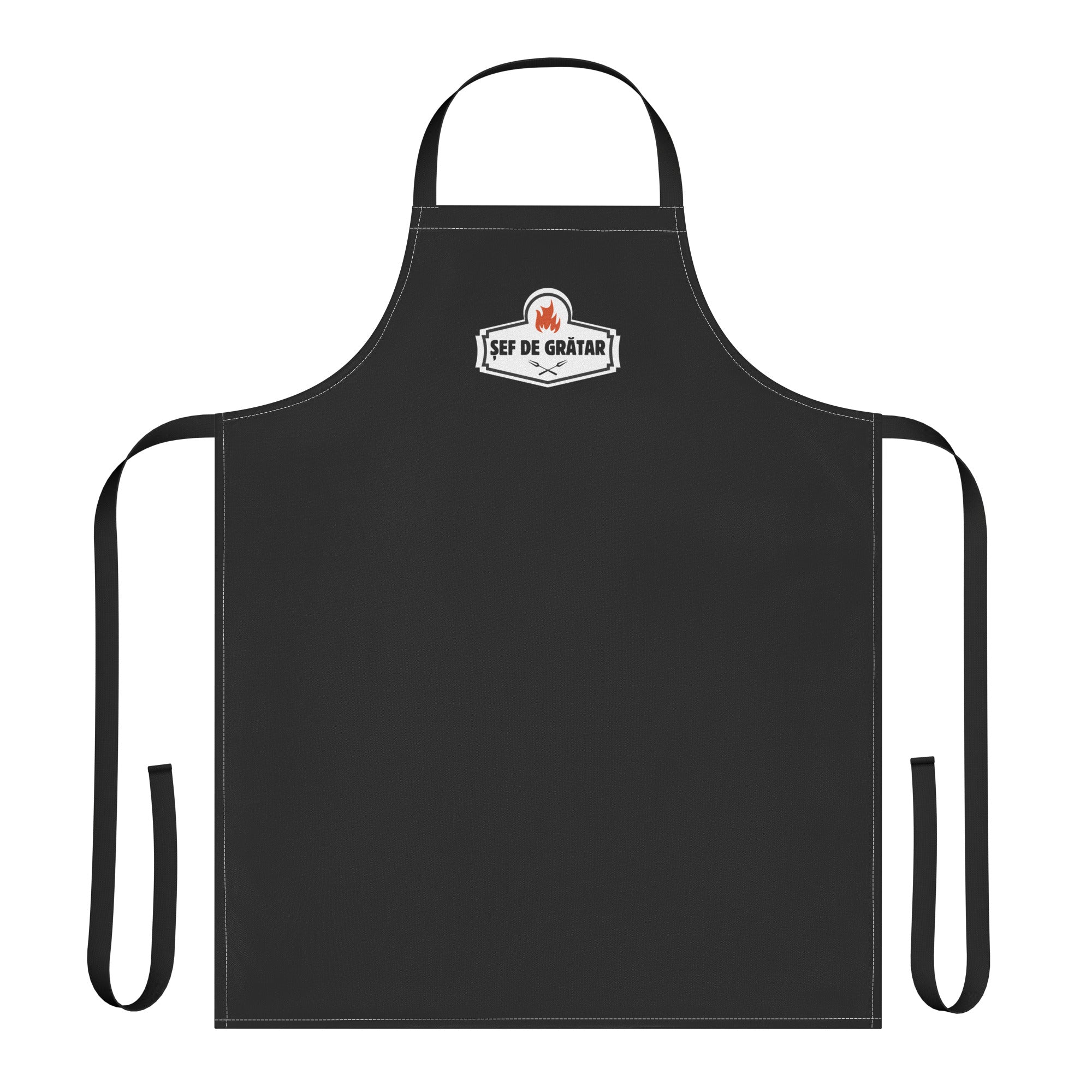 black apron with badge design flame icon and text Șef de Grătar