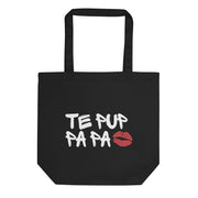 Black tote bag with Romanian phrase “Te pup pa pa” and red kiss graphic