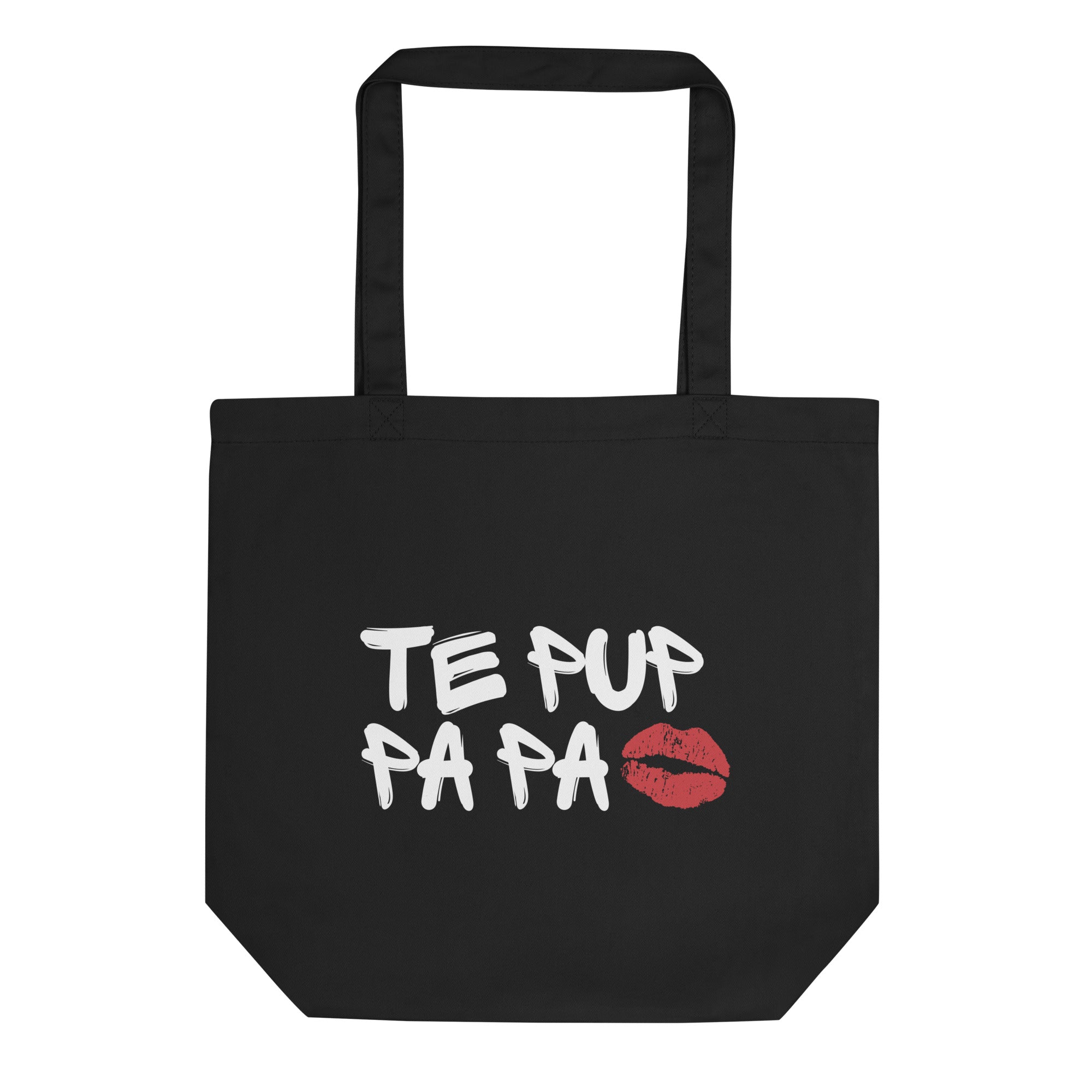Black tote bag with Romanian phrase “Te pup pa pa” and red kiss graphic