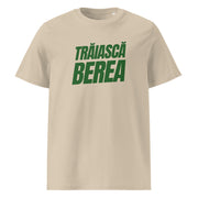 beige t-shirt with green text Trăiască Berea
