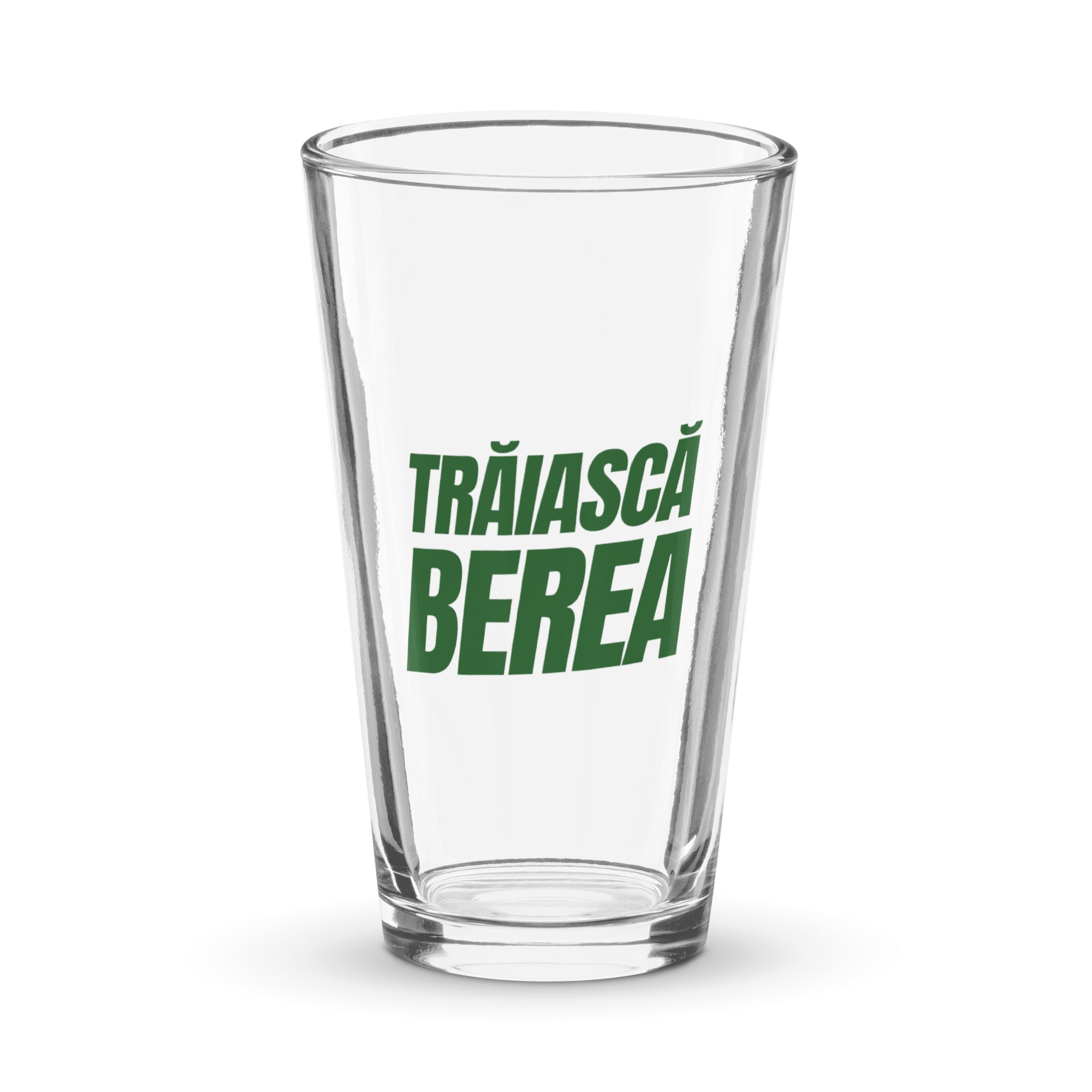 clear pint glass with green text Trăiască Berea