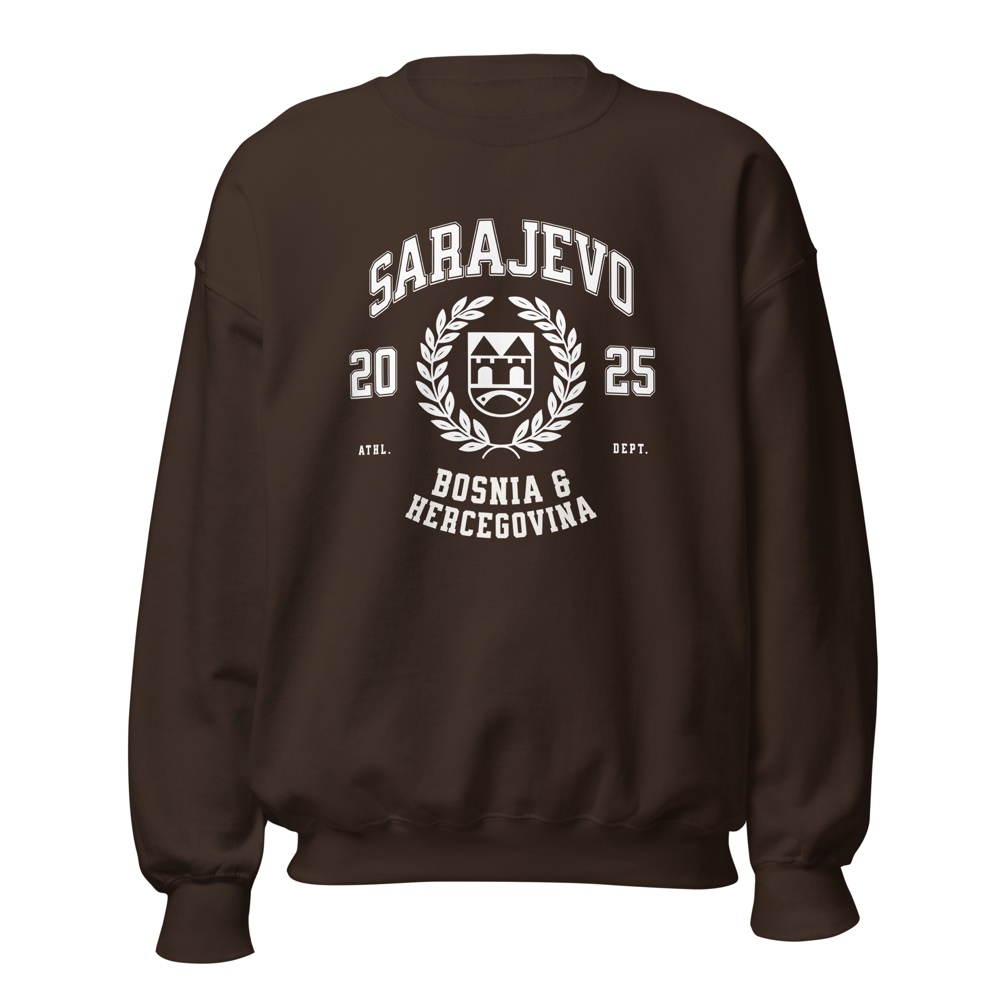Sarajevo Bosnia vintage varsity crewneck sweatshirt espresso brown front view