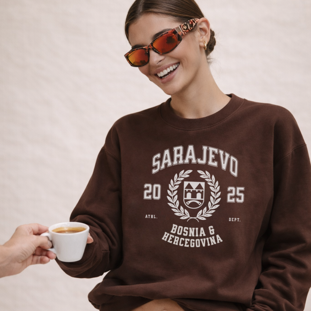 Woman wearing Sarajevo Bosnia varsity crewneck sweatshirt espresso brown