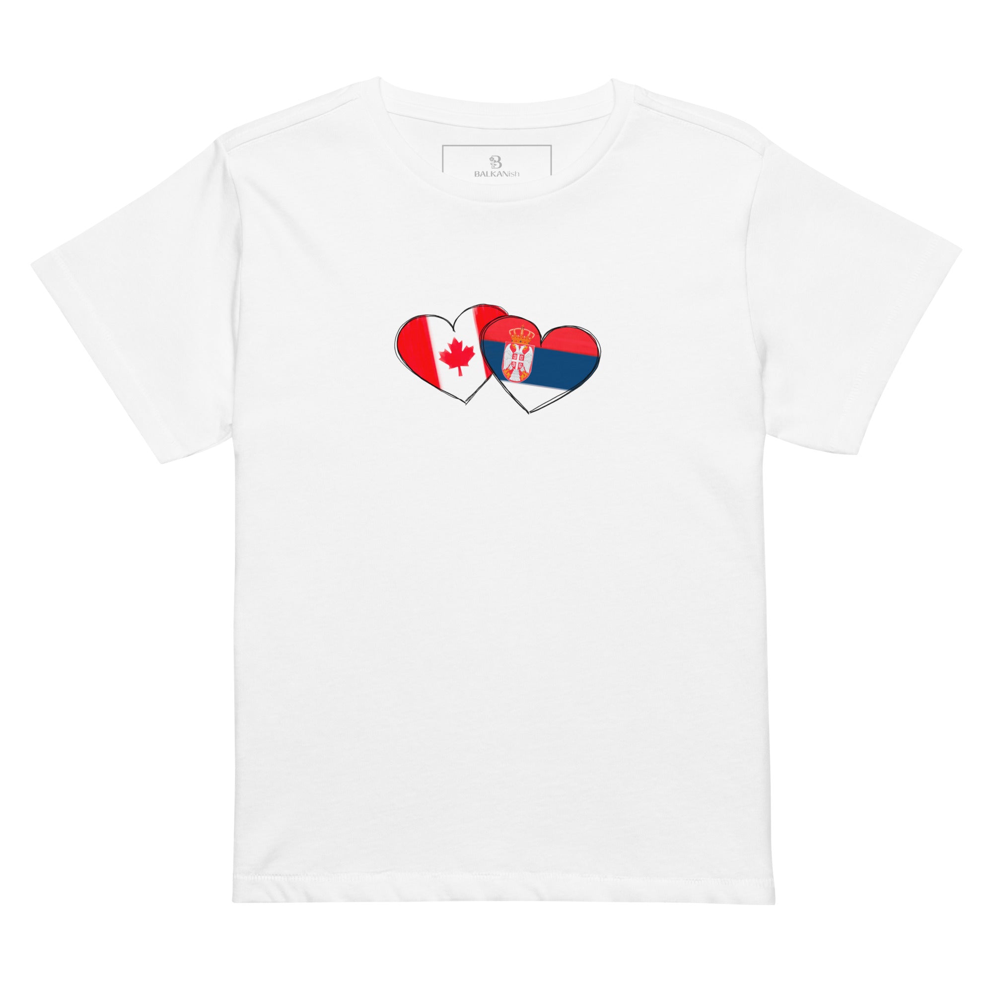 Woman wearing a Serbia and Canada hearts high waisted t-shirt featuring hand-drawn watercolor flag hearts for the Serbian Canadian diaspora.