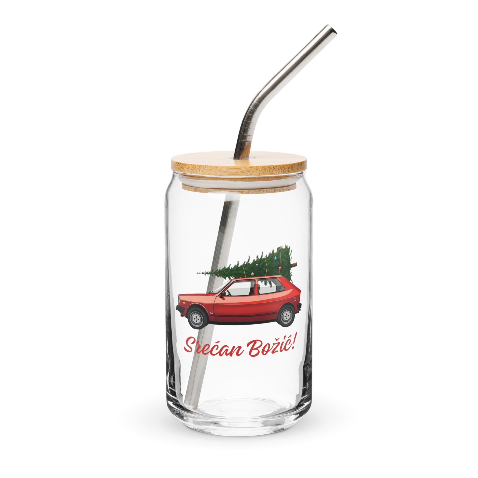 Serbian/Montenegrin Christmas glass with red Yugo and Srećan Božić text.