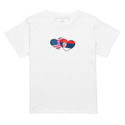 Woman wearing a Serbia and USA hearts high waisted t-shirt featuring hand-drawn watercolor flag hearts for the Serbian American diaspora.