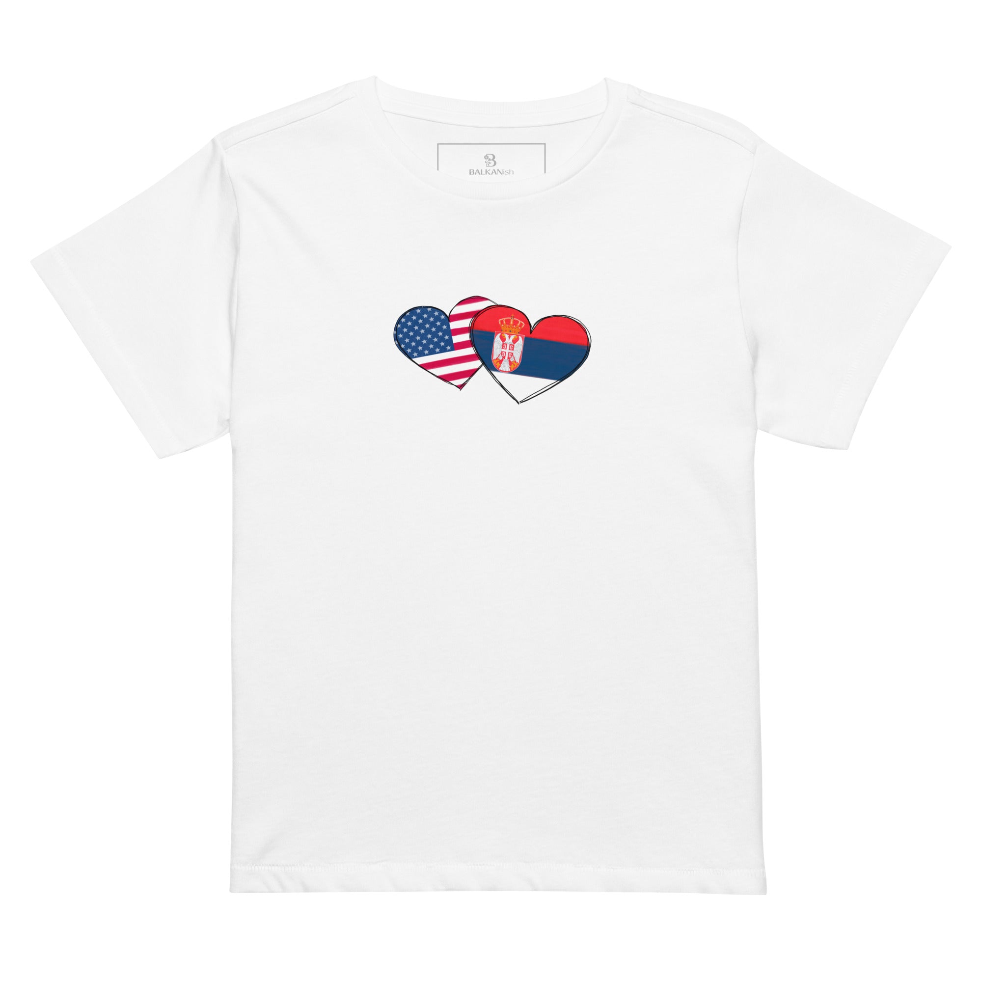 Woman wearing a Serbia and USA hearts high waisted t-shirt featuring hand-drawn watercolor flag hearts for the Serbian American diaspora.