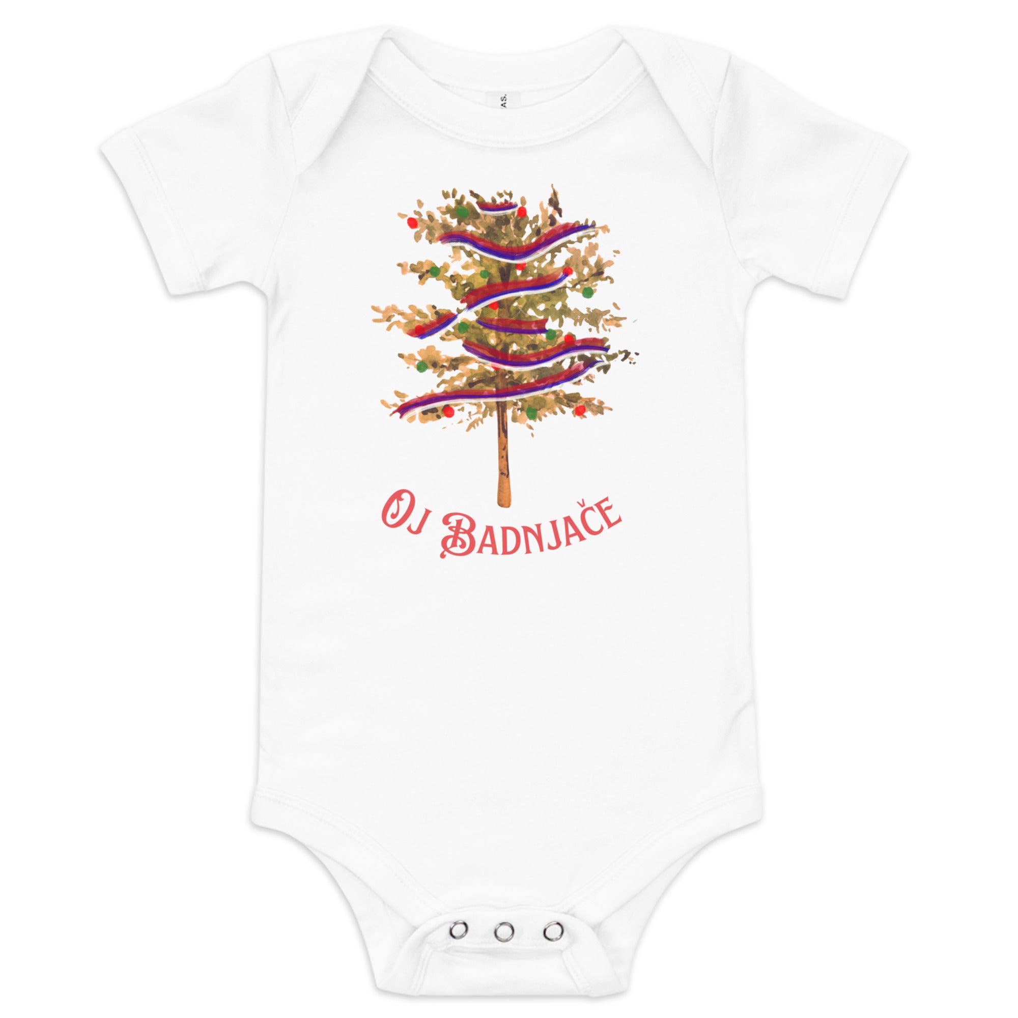 Serbian baby Christmas bodysuit with Badnjak tree and text Oj Badnjače – Balkanish design