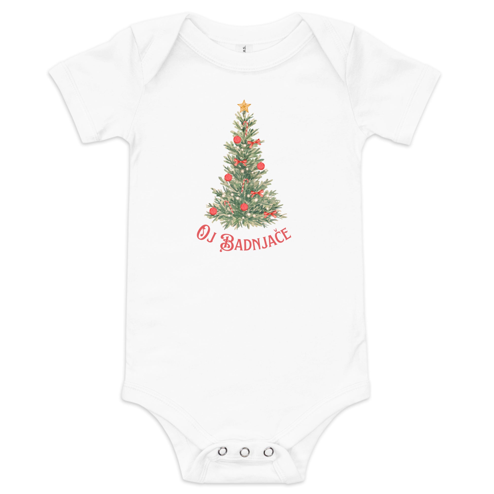 Serbian baby Christmas bodysuit with text Oj Badnjače – Balkanish design