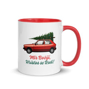 Serbian Christmas mug with red Yugo carrying a Christmas tree and text Mir Božiji, Hristos se Rodi – Balkanish design