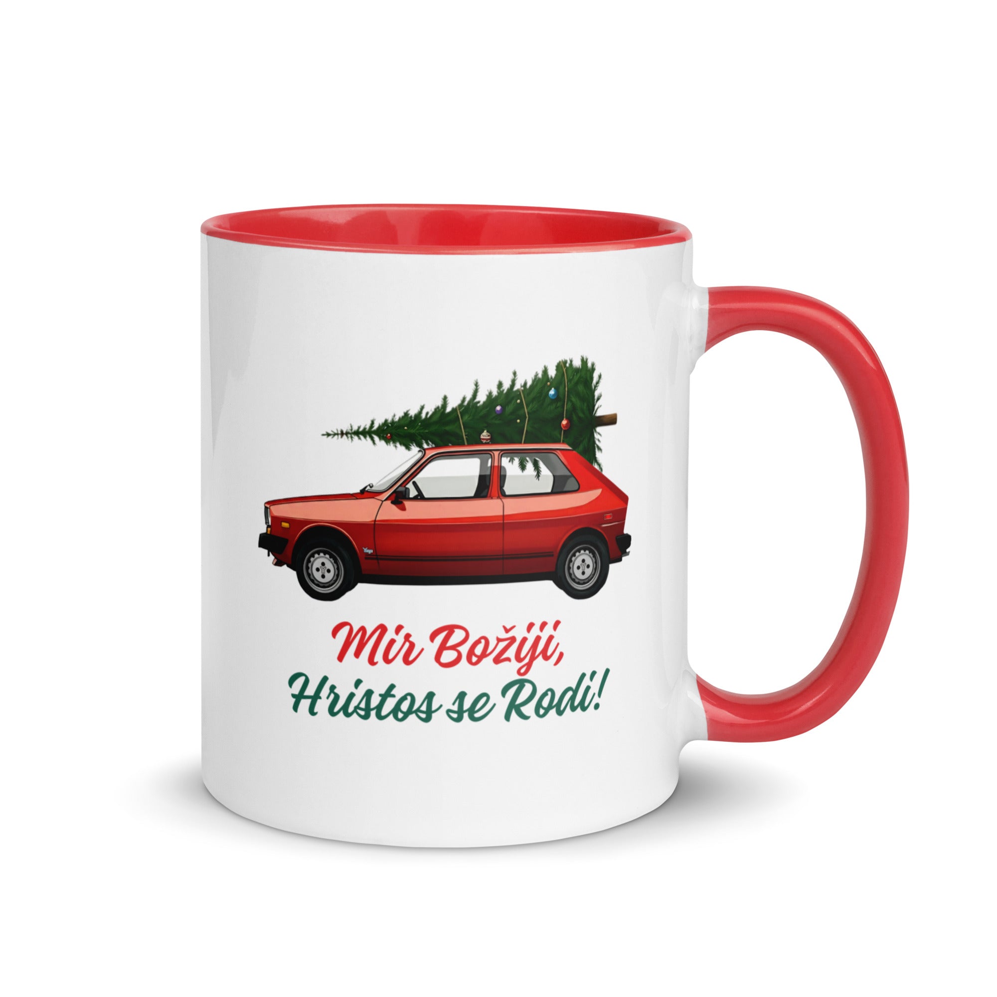 Serbian Christmas mug with red Yugo carrying a Christmas tree and text Mir Božiji, Hristos se Rodi – Balkanish design