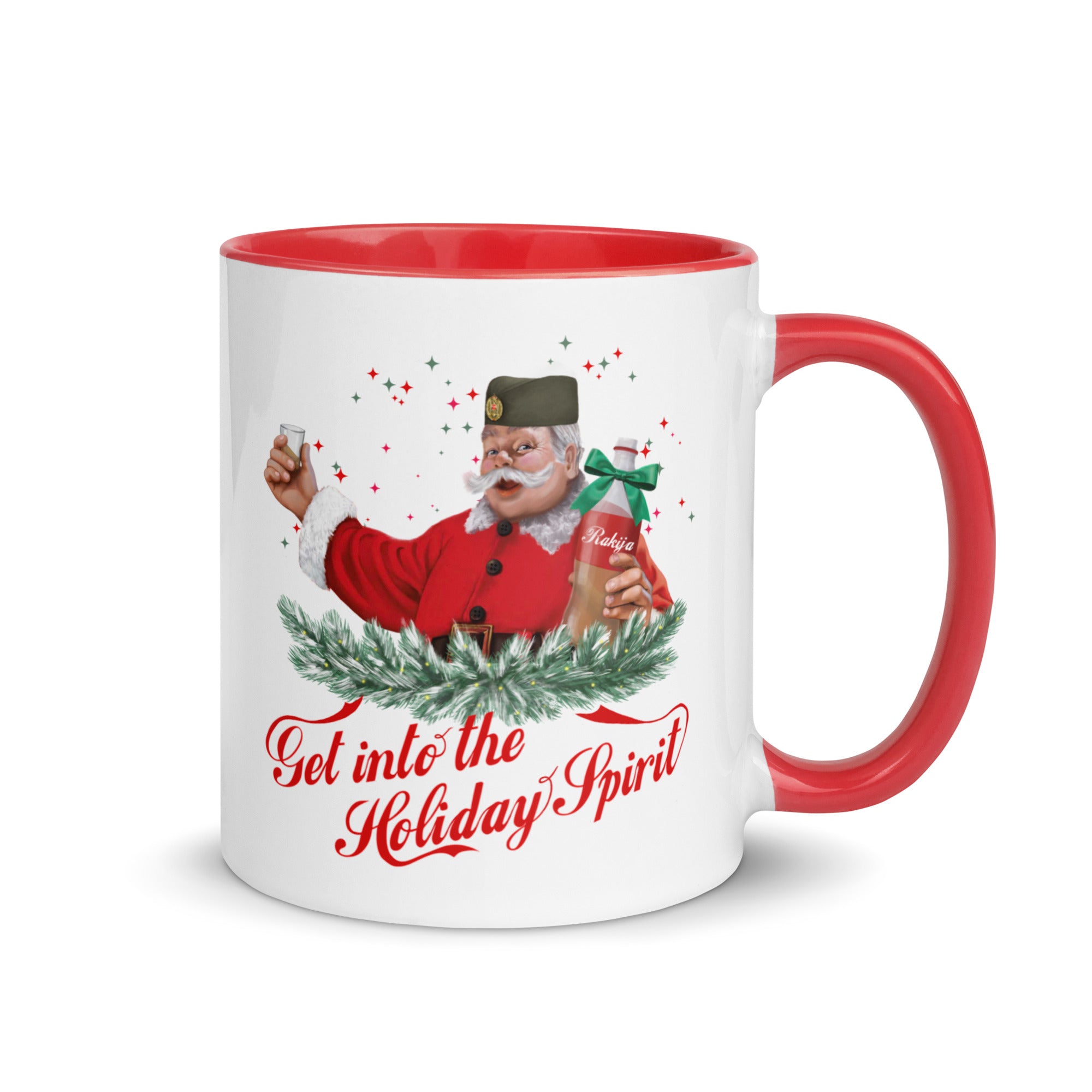 Serbian Christmas mug featuring Santa holding a bottle of rakija – Balkanish design