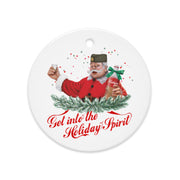 Red Christmas ornament featuring Serbian Santa holding rakija bottle — funny Balkan Christmas design