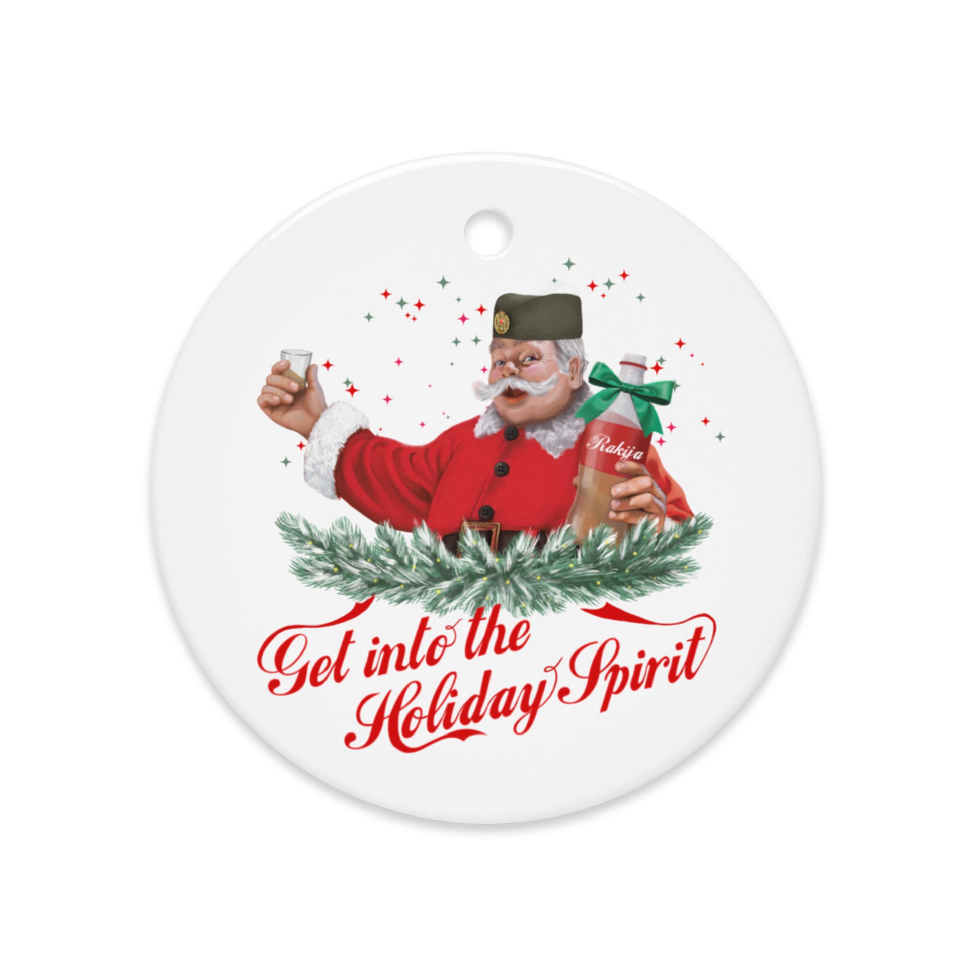 Red Christmas ornament featuring Serbian Santa holding rakija bottle — funny Balkan Christmas design