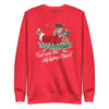 Red Serbian Christmas sweater featuring Santa holding rakija bottle — funny Balkan Santa holiday design