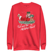 Red Serbian Christmas sweater featuring Santa holding rakija bottle — funny Balkan Santa holiday design