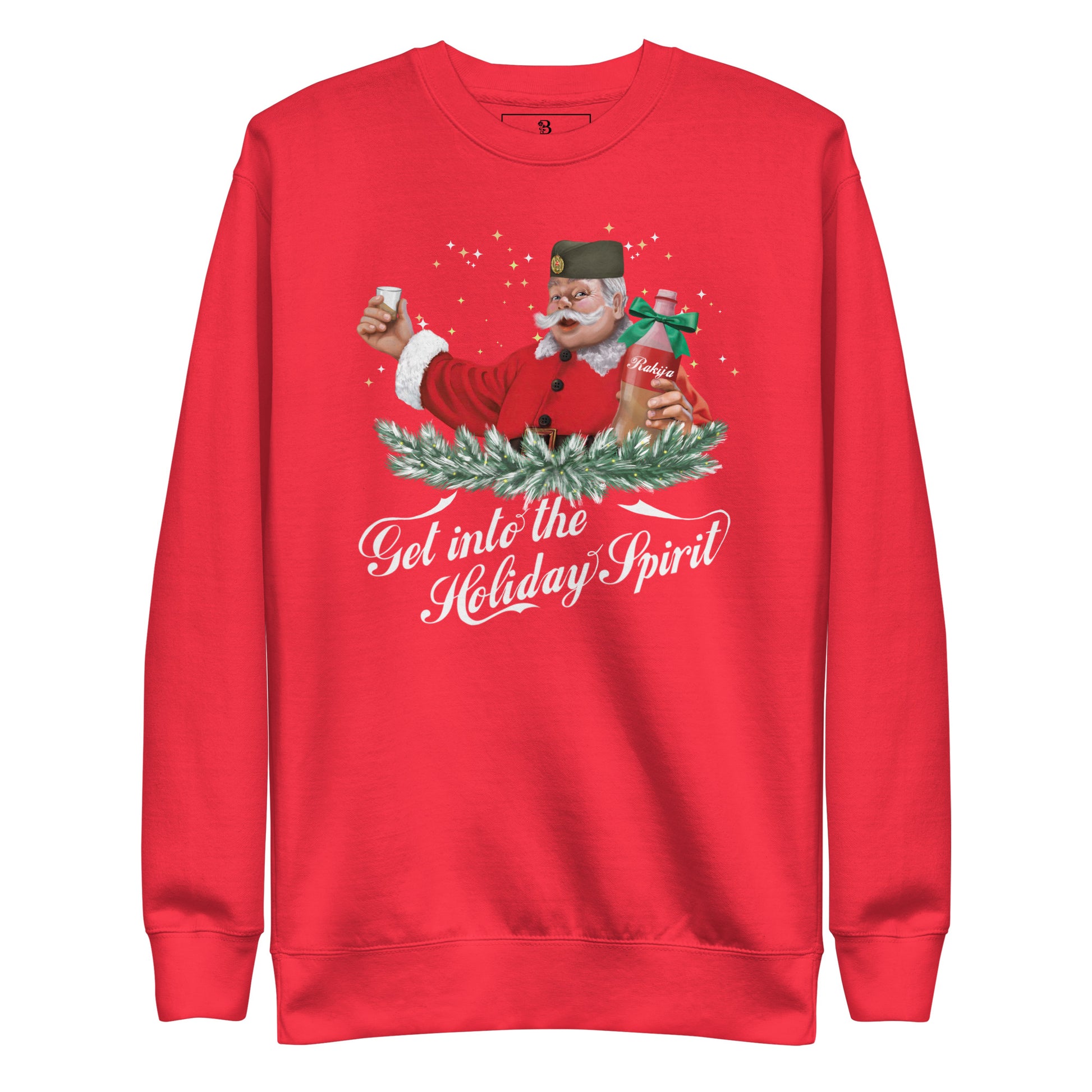 Red Serbian Christmas sweater featuring Santa holding rakija bottle — funny Balkan Santa holiday design