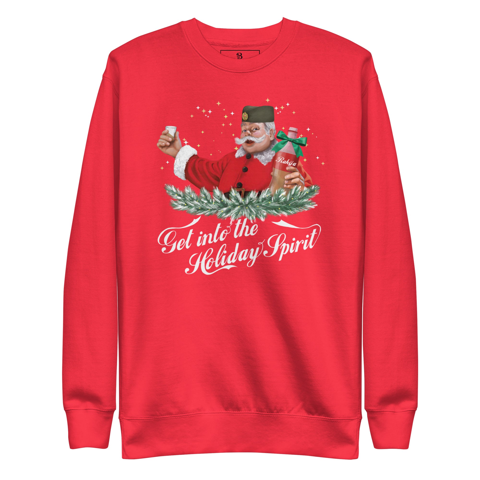 Red Serbian Christmas sweater featuring Santa holding rakija bottle — funny Balkan Santa holiday design