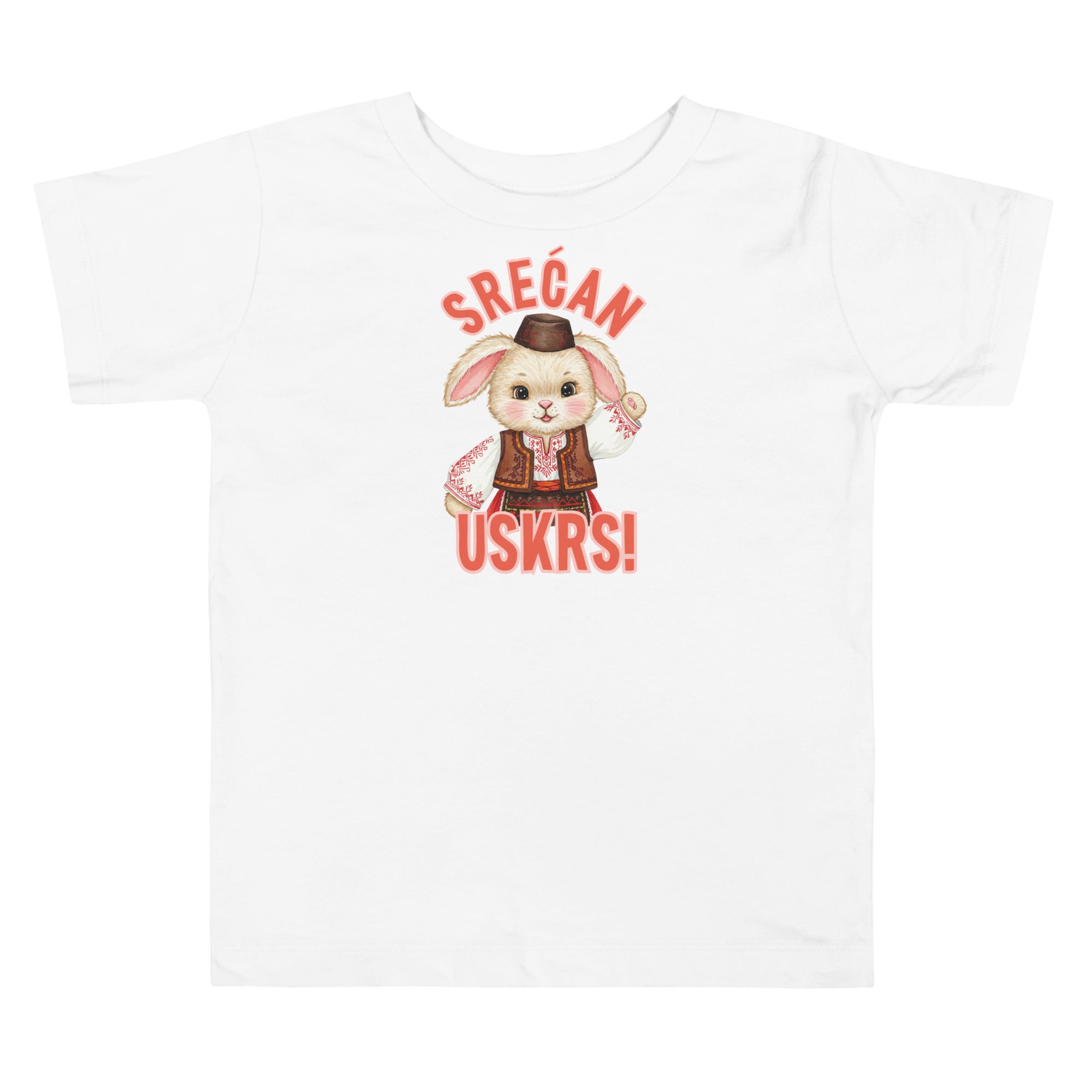 Toddler shirt with bunny wearing traditional clothing and the phrase “Srećan Uskrs” meaning Happy Easter in Serbian