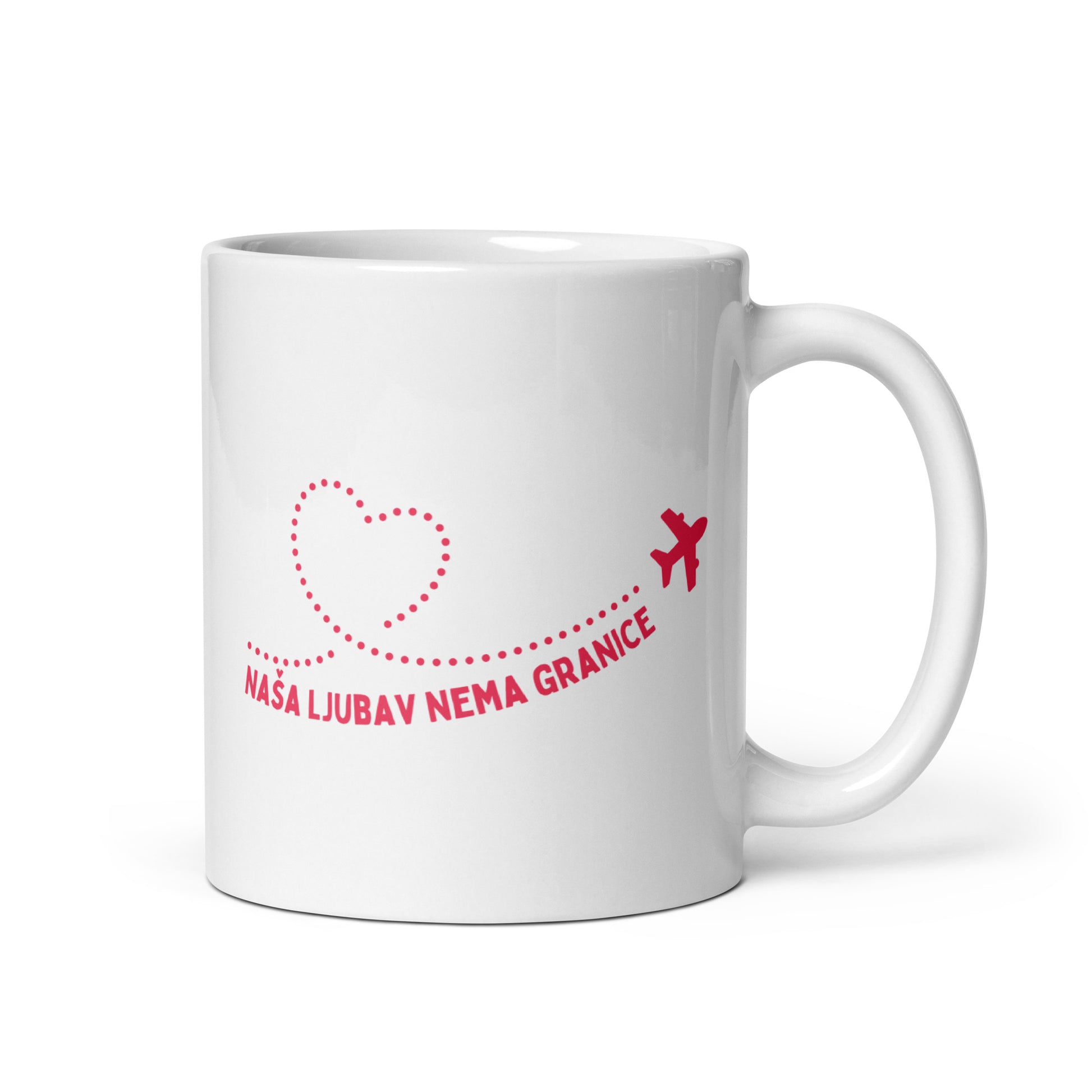 White mug with Serbian text “Naša ljubav nema granice.”