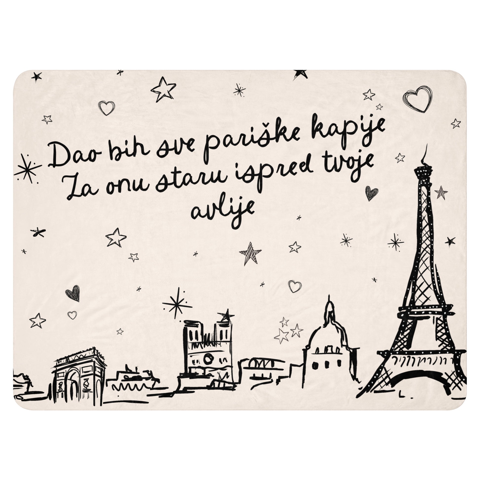 Sherpa blanket featuring a hand-drawn Paris skyline inspired by Serbian love symbolism.