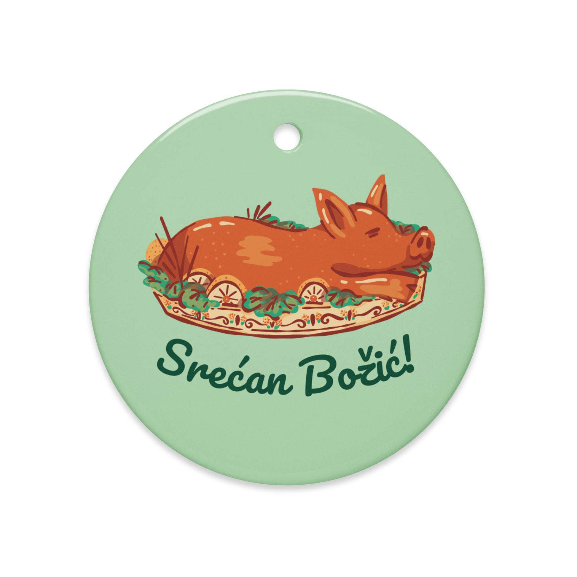 Serbian roasted pig Christmas ornament with “Srećan Božić!”