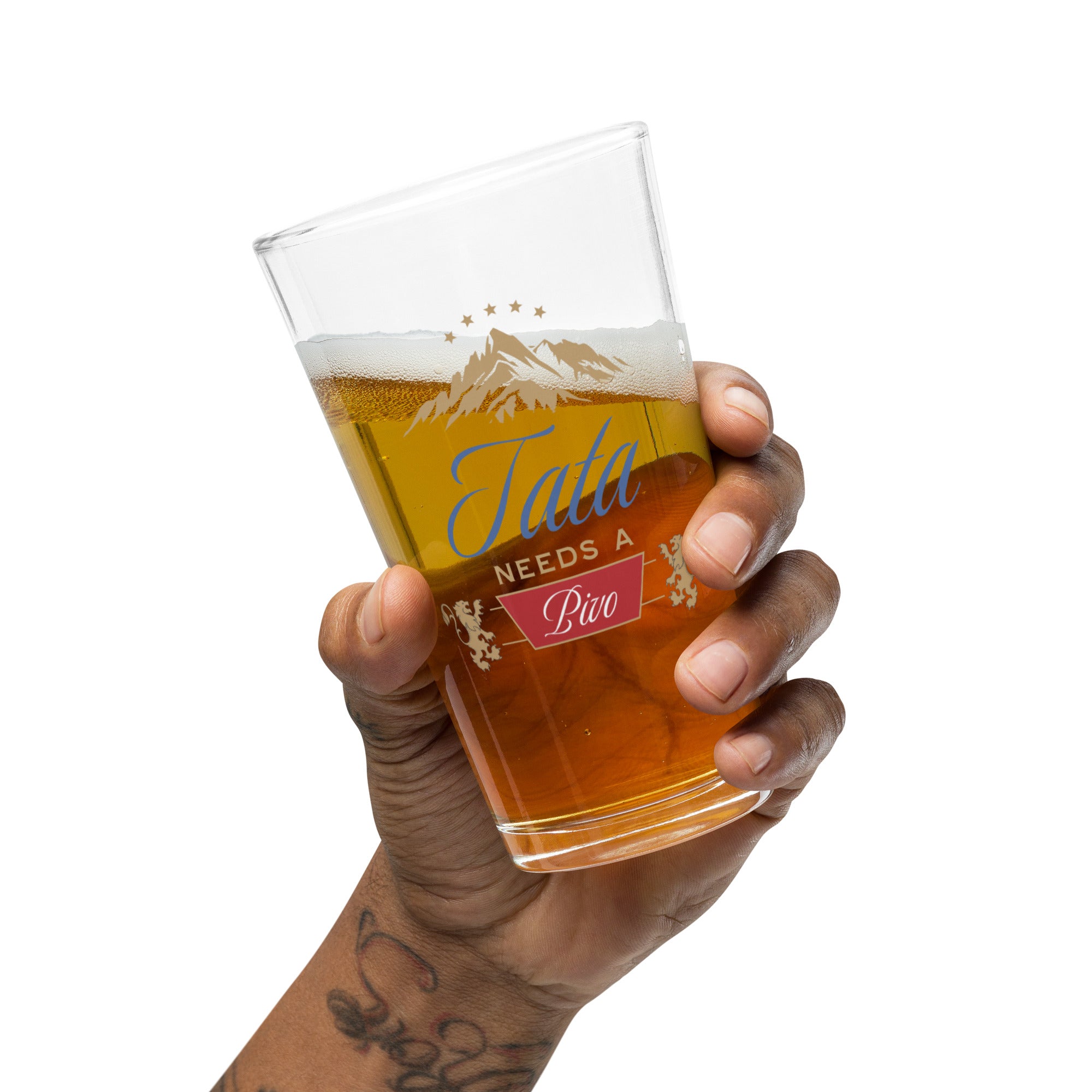 beer pint glass with tata needs a pivo serbian dad design and mountain graphic