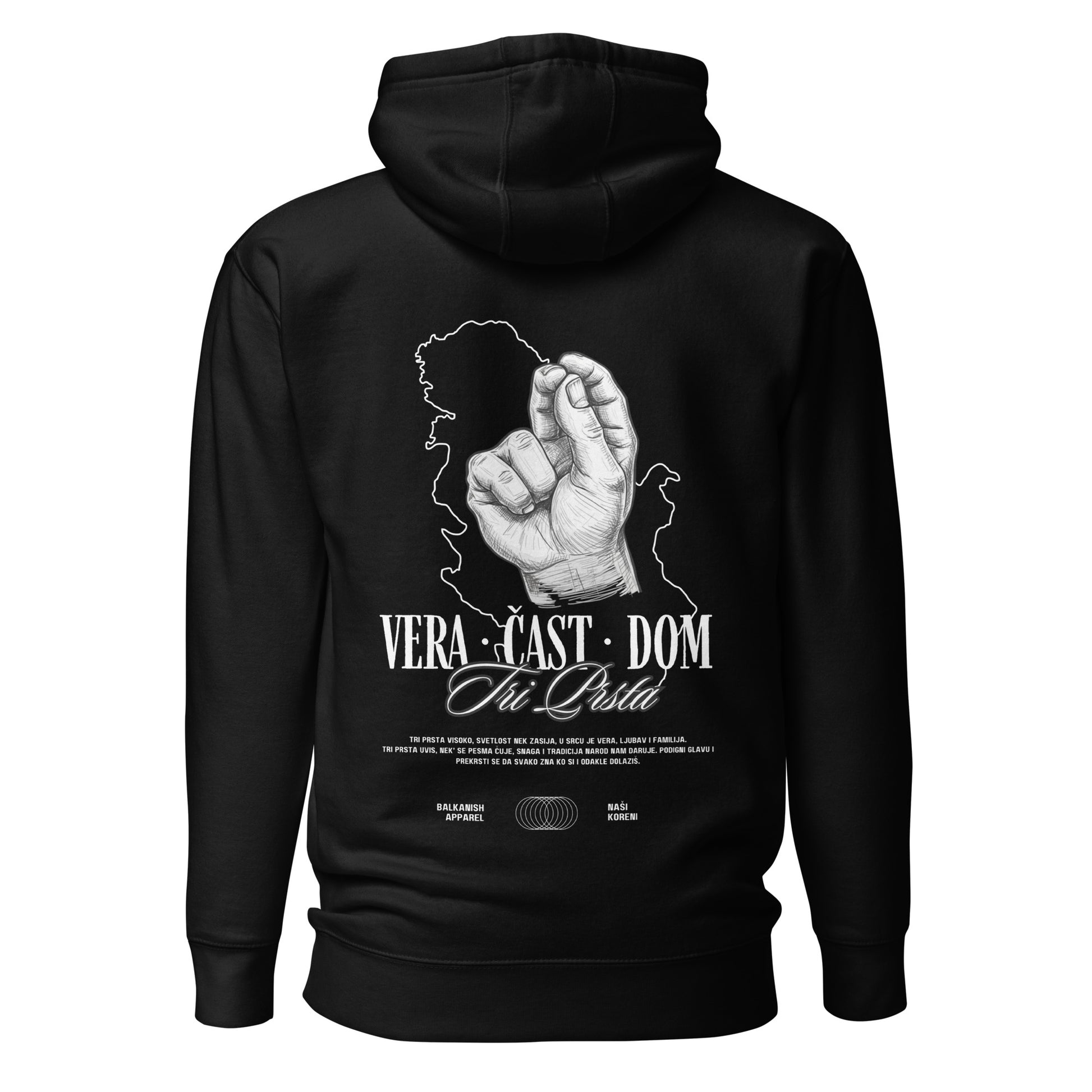 Serbian Tri Prsta hoodie featuring three-finger salute symbol with Vera Čast Dom and Serbia outline
