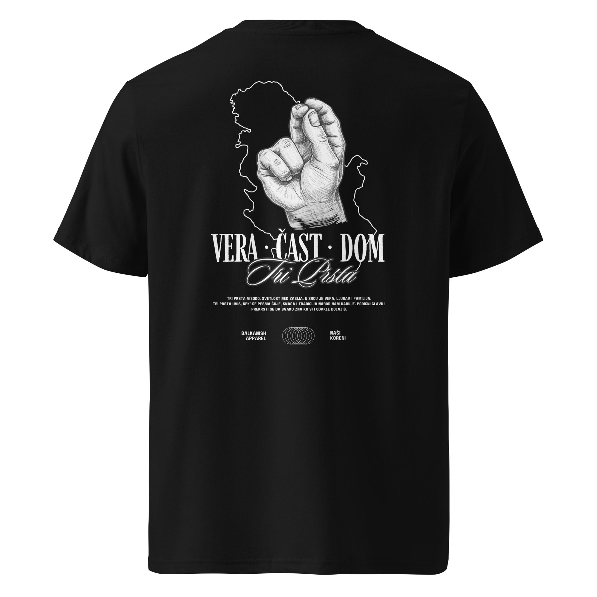 Serbian Tri Prsta men's t-shirt featuring three-finger salute hand symbol with Vera Čast Dom and Serbia outline